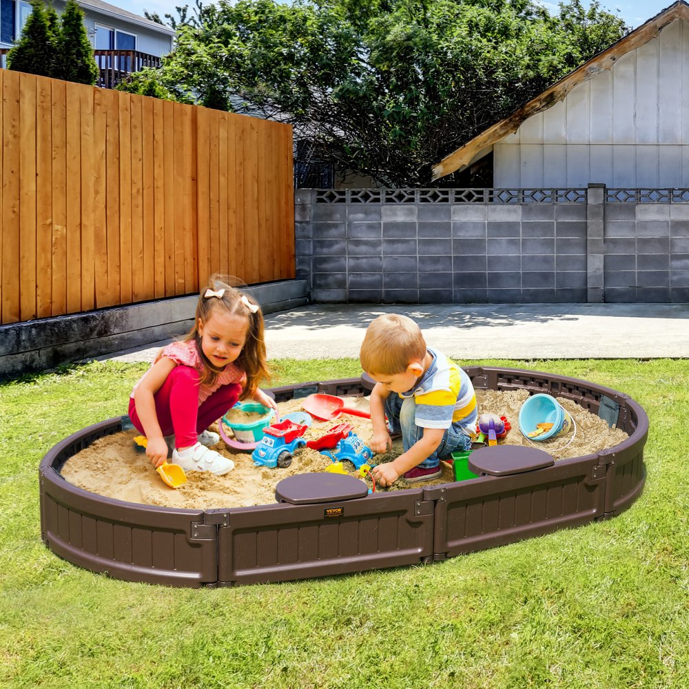 VEVOR Sandbox with Cover, 72 x 41.5 x 9.1 in Oval Sand Box, HDPE Sand Pit with 4 Corner Seating and Bottom Liner, Kids Sandbox for Outdoor Backyard, Beach, Park, Gift for Boys Girls Ages 3-12, Brown 