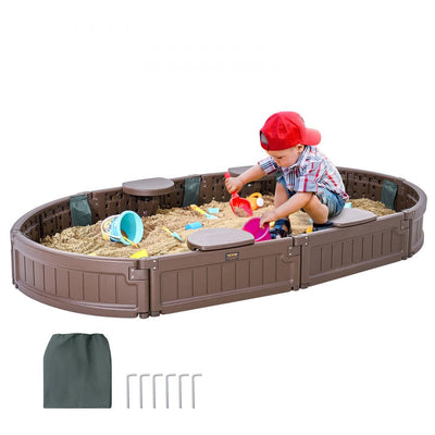 VEVOR Sandbox with Cover, 72 x 41.5 x 9.1 in Oval Sand Box, HDPE Sand Pit with 4 Corner Seating and Bottom Liner, Kids Sandbox for Outdoor Backyard, Beach, Park, Gift for Boys Girls Ages 3-12, Brown 