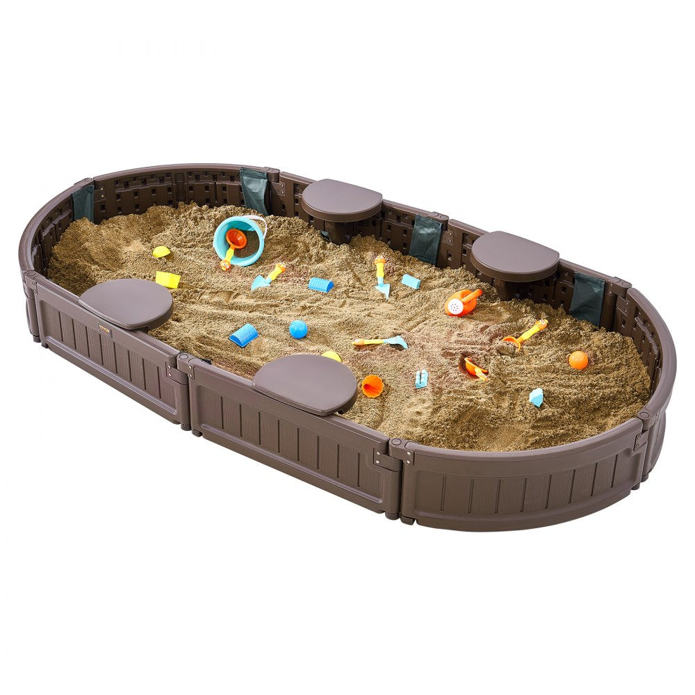 VEVOR Sandbox with Cover, 72 x 41.5 x 9.1 in Oval Sand Box, HDPE Sand Pit with 4 Corner Seating and Bottom Liner, Kids Sandbox for Outdoor Backyard, Beach, Park, Gift for Boys Girls Ages 3-12, Brown 