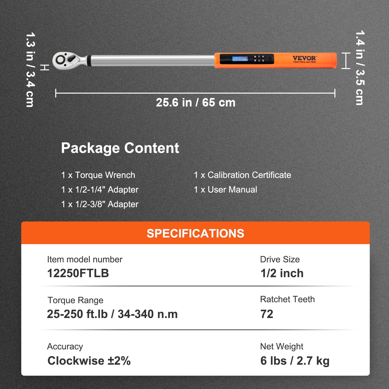 VEVOR Digital Torque Wrench, 1/2" Drive Electronic Torque Wrench, Torque Wrench Kit 25-250ft.lb/34-340n.m Torque Range Accurate to ±2%, 3-Mode Adjustable Torque Wrench Set with LED Buzzer Calibration 
