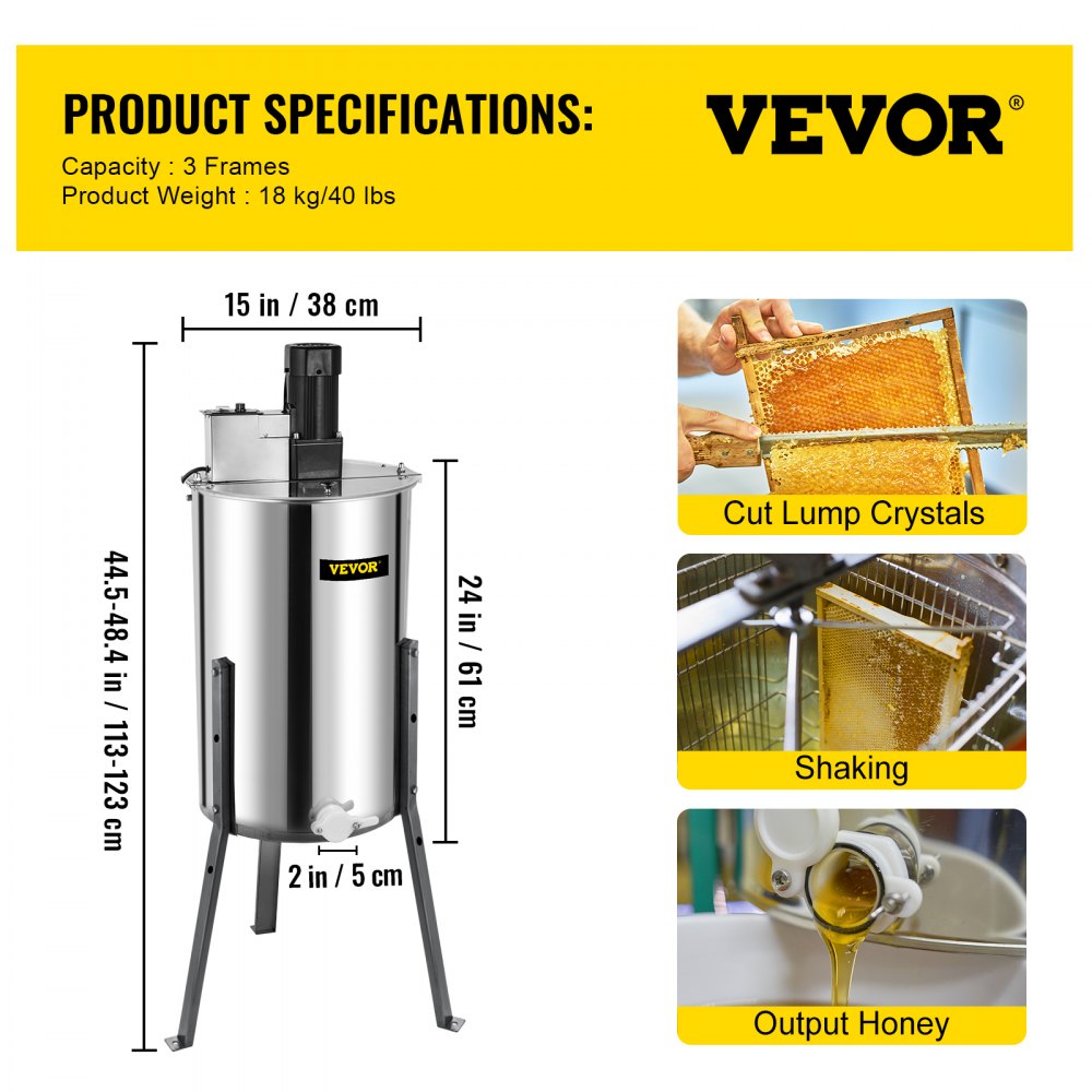 VEVOR Electric Honey Extractor 3 Frame Bee Extractor Stainless Steel Honey Spinner with Stand Beekeeping Equipment 