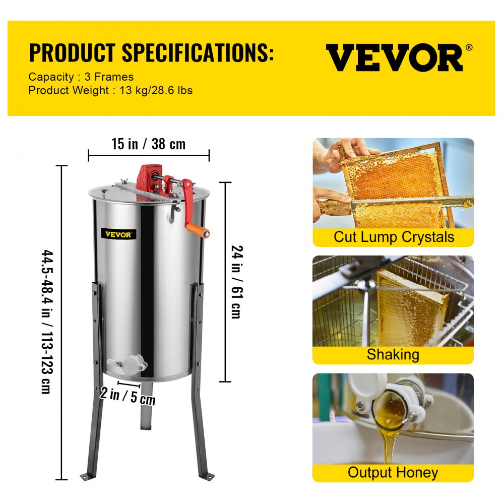 VEVOR Manual Honey Extractor Separator 3 Frame Stainless Steel Honeycomb Drum Spinner Crank Beekeeping Equipment Apiary Centrifuge Equipment 