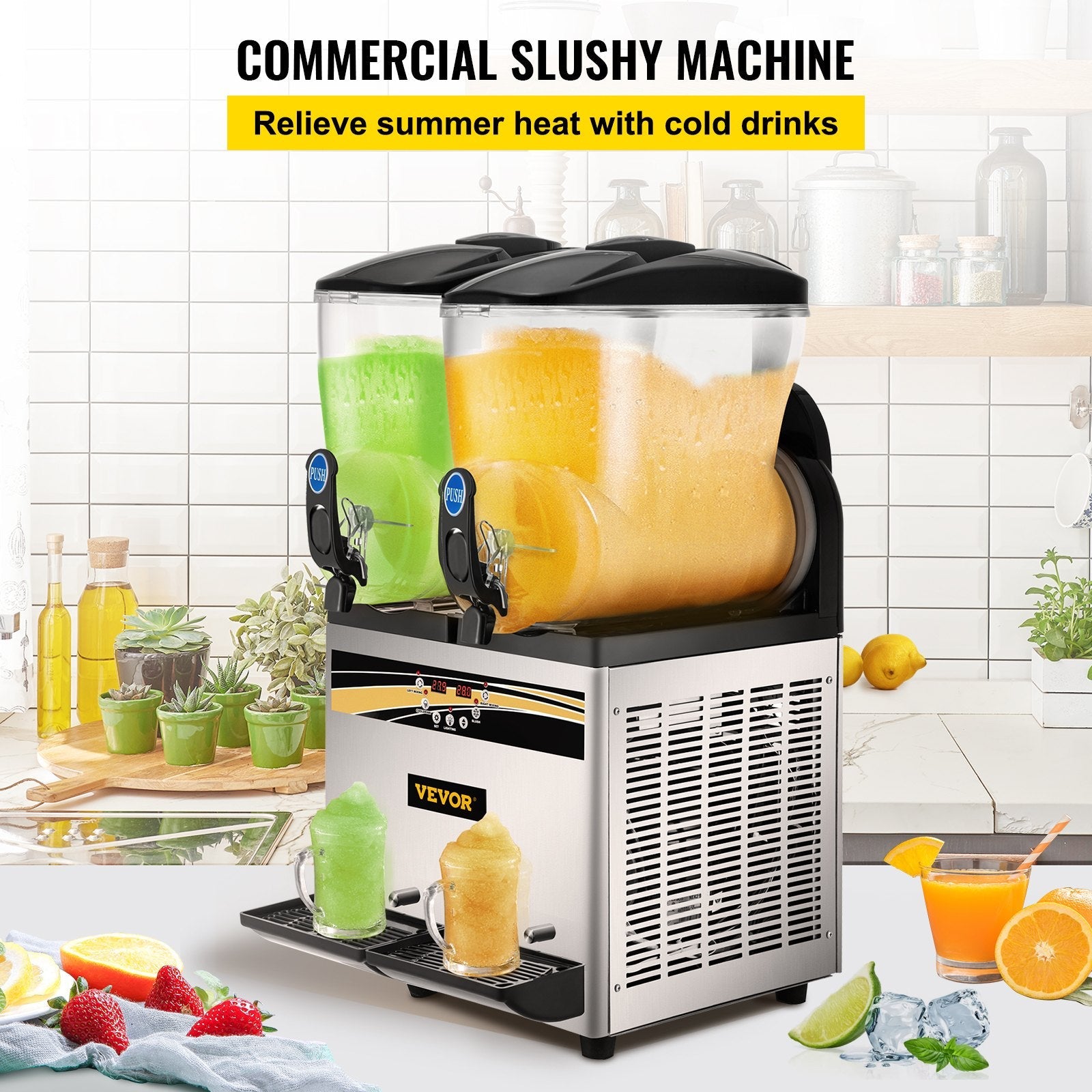 VEVOR Commercial Slushy Machine, 15Lx2 Tank Margarita Maker, 1000W Stainless Steel Smoothie Frozen Drink Maker for Supermarkets Cafés Restaurants Bars Home Use 