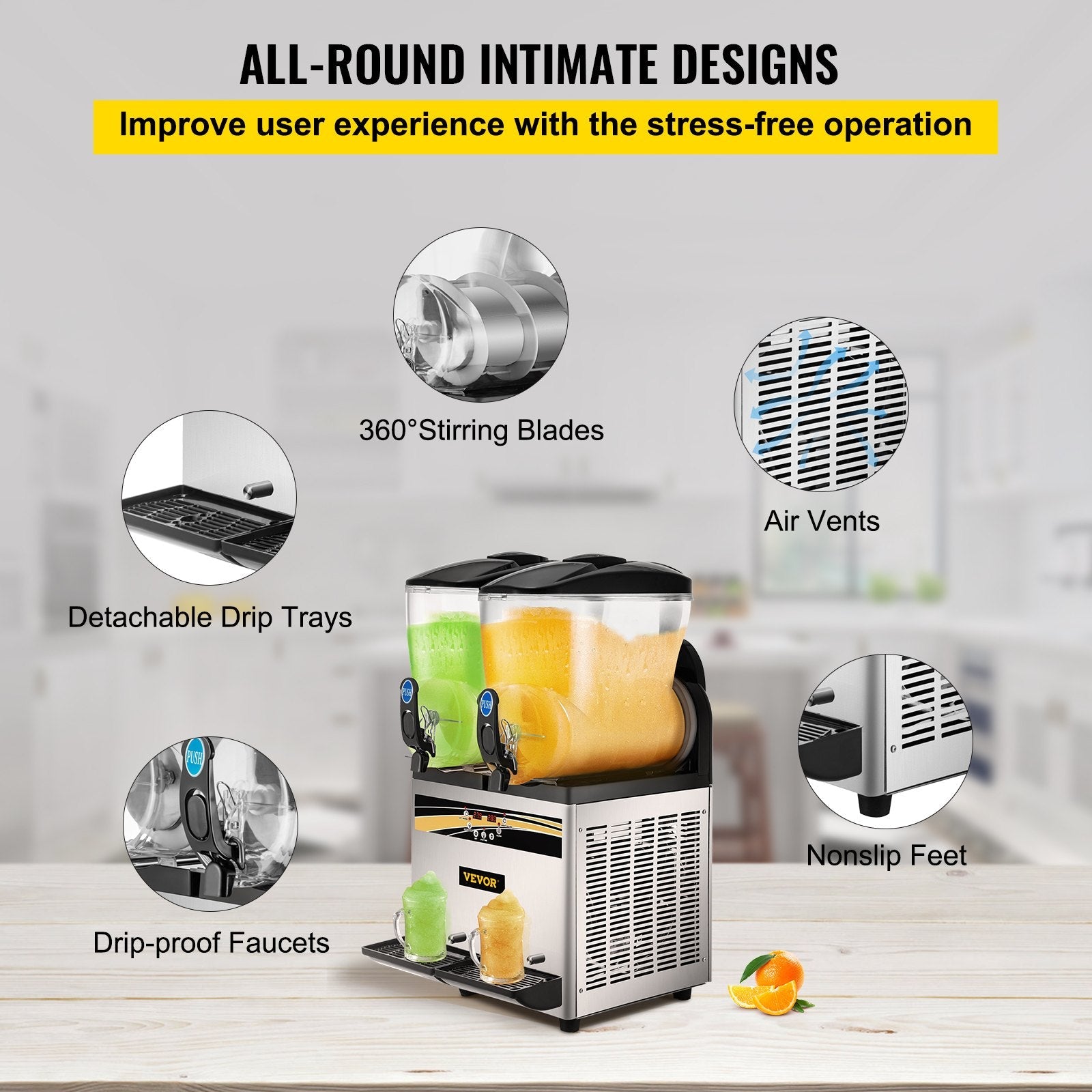 VEVOR Commercial Slushy Machine, 15Lx2 Tank Margarita Maker, 1000W Stainless Steel Smoothie Frozen Drink Maker for Supermarkets Cafés Restaurants Bars Home Use 