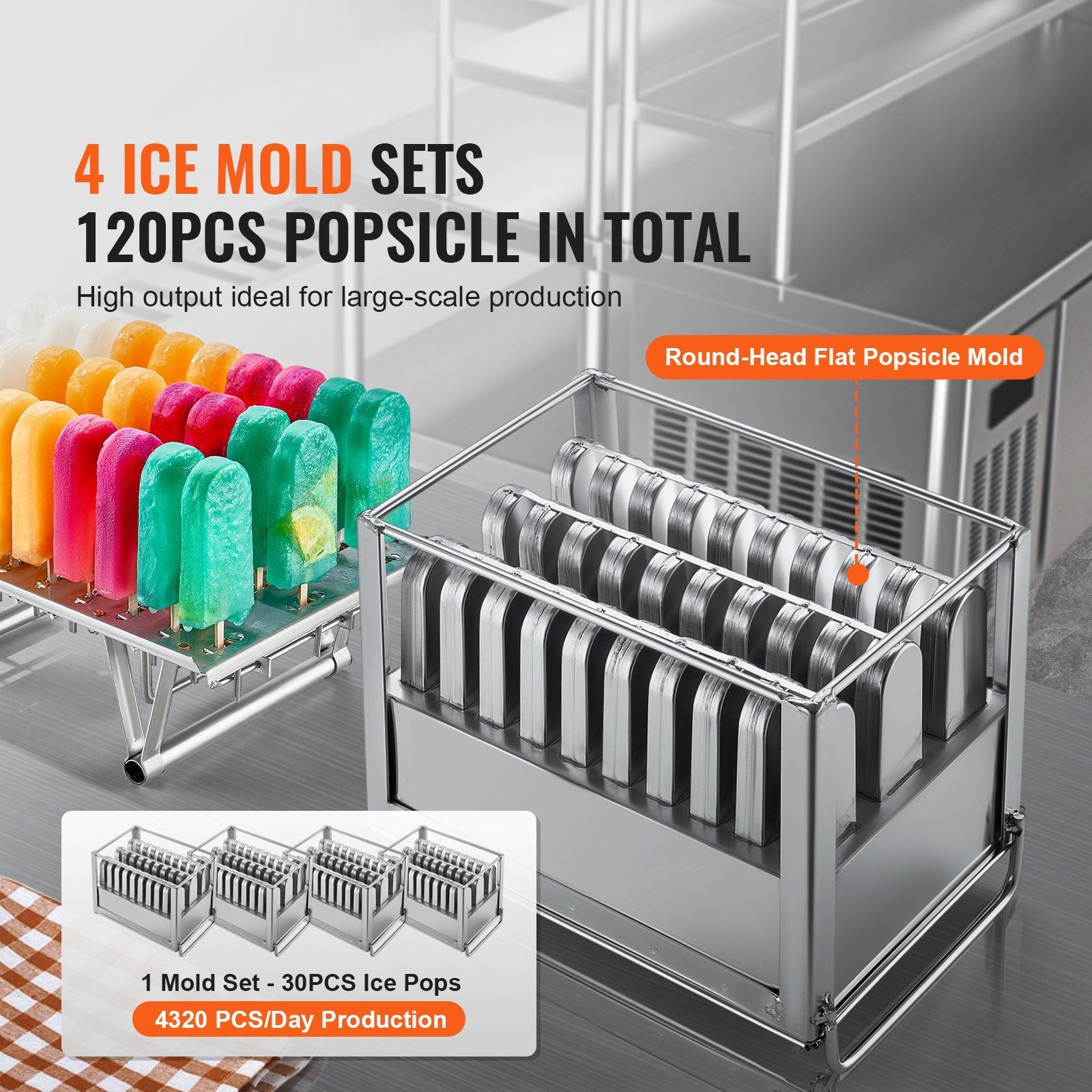 VEVOR Commercial Popsicle Machine, 4 Mould Set - 120 PCS Ice Pops Making Machine, Stainless Steel Commercial Ice Lolly Maker, Ice Sticks Popsicle Machine for Bar, Cafes, Milktea Store (30PCS / Mould S 