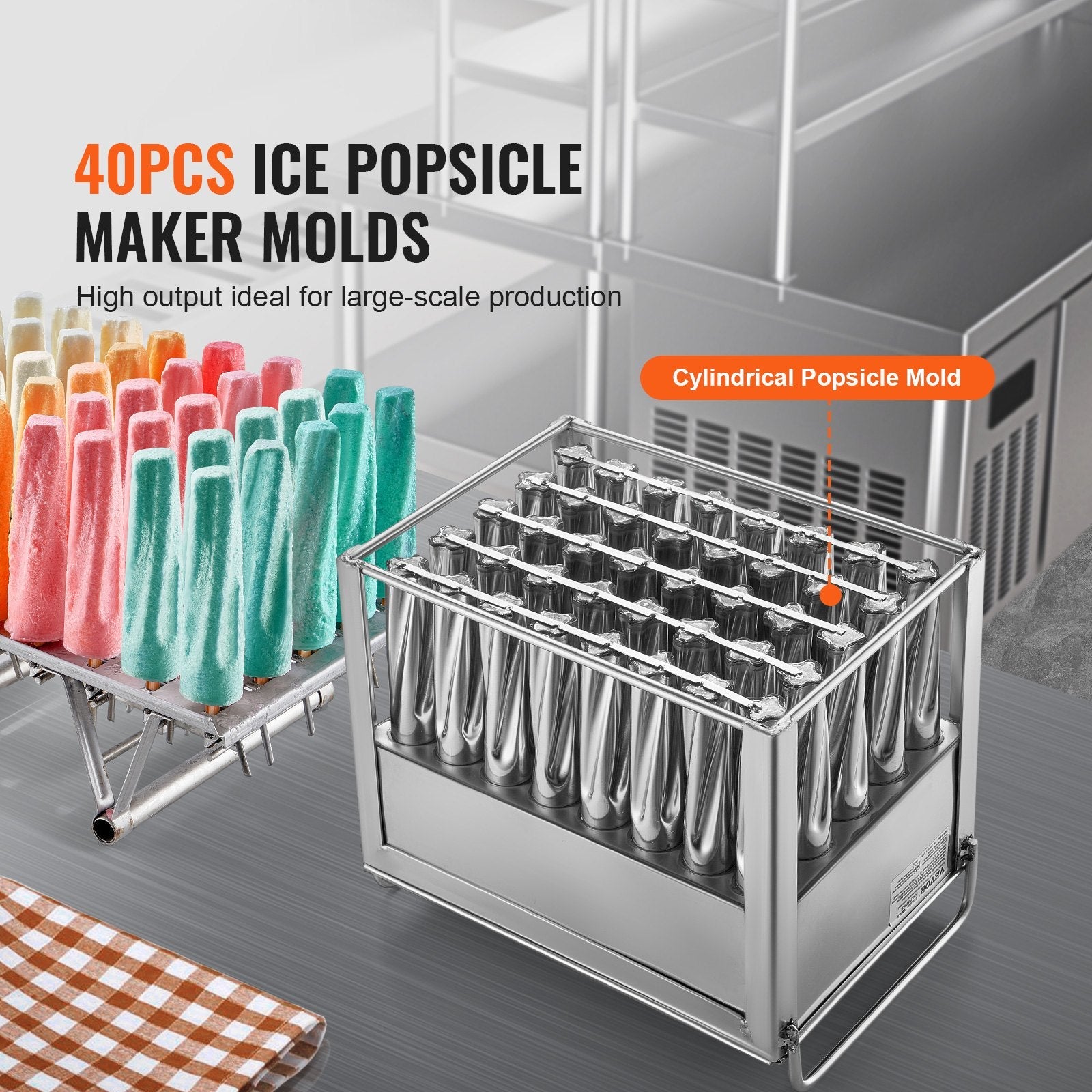 VEVOR Commercial Popsicle Moulds, 40PCS Cylindrical Ice Pop Moulds, Stainless Steel Ice Lolly Popsicle Moulds, Ice Cream Maker Mould Holder with 50PCS Popsicle Sticks & Bags (Single Mould Set - 40PCS) 