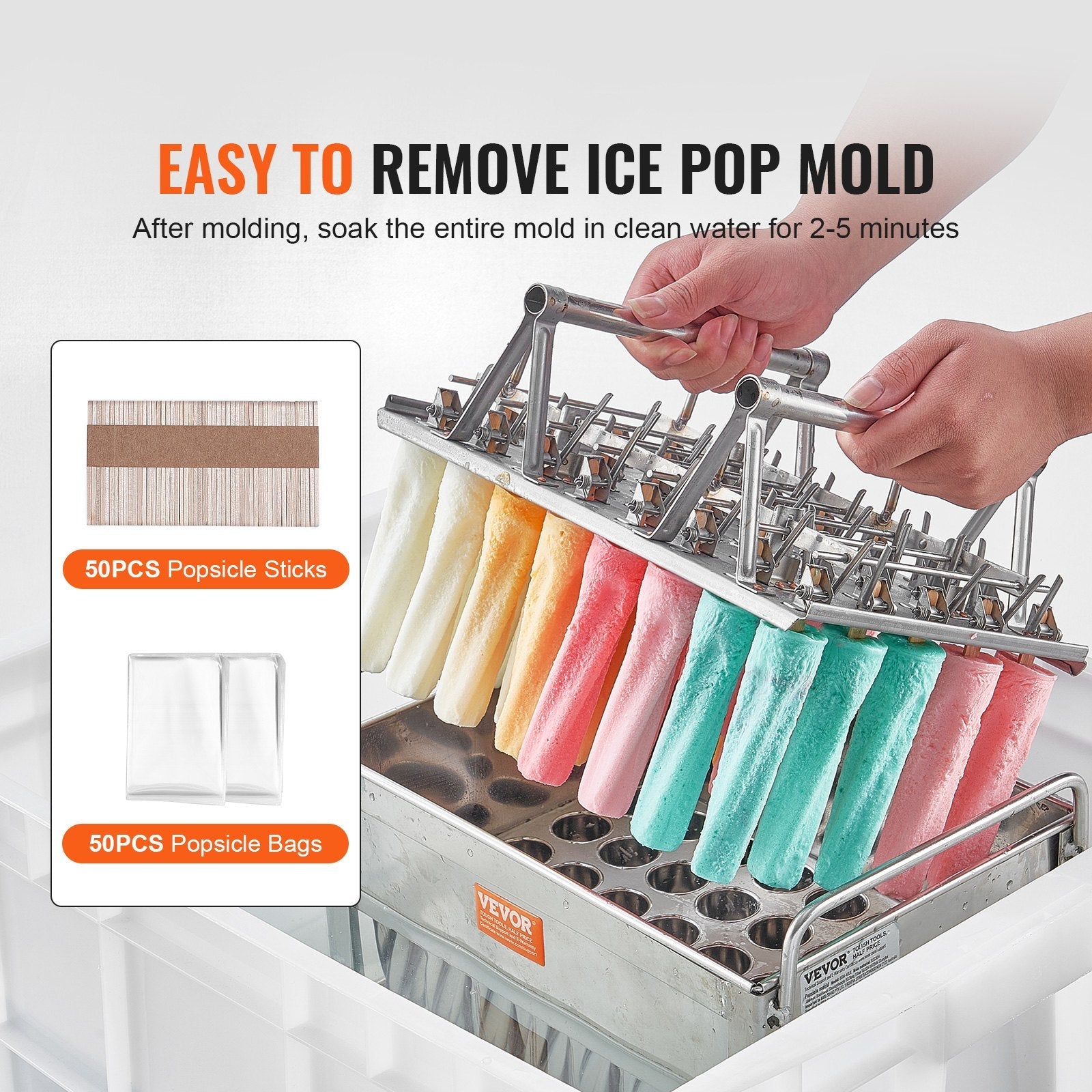 VEVOR Commercial Popsicle Moulds, 40PCS Cylindrical Ice Pop Moulds, Stainless Steel Ice Lolly Popsicle Moulds, Ice Cream Maker Mould Holder with 50PCS Popsicle Sticks & Bags (Single Mould Set - 40PCS) 