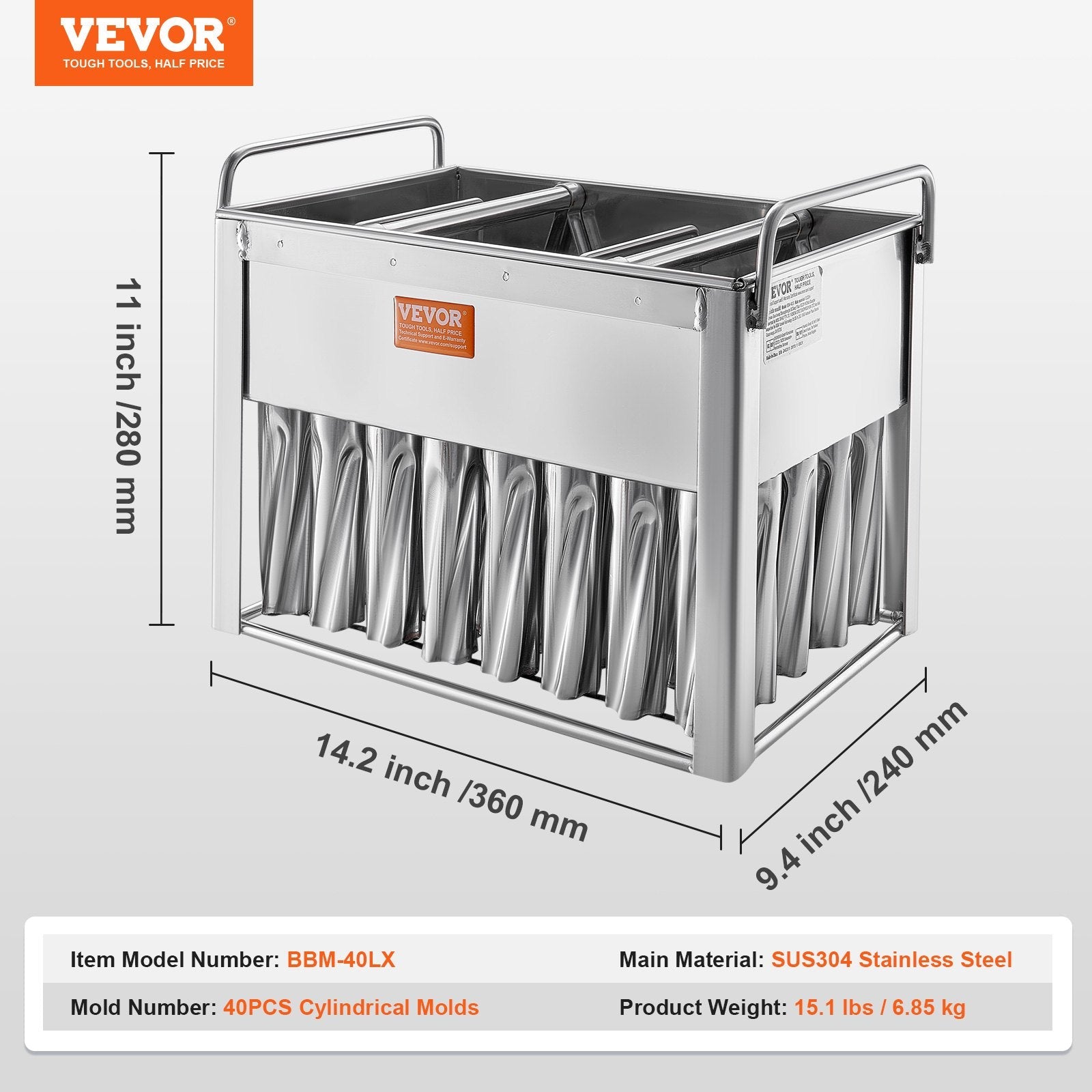 VEVOR Commercial Popsicle Moulds, 40PCS Cylindrical Ice Pop Moulds, Stainless Steel Ice Lolly Popsicle Moulds, Ice Cream Maker Mould Holder with 50PCS Popsicle Sticks & Bags (Single Mould Set - 40PCS) 