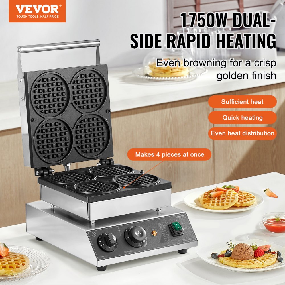 VEVOR 4PCS Commercial Waffle Maker Round Waffle Iron Machine 1750W Non-Stick 