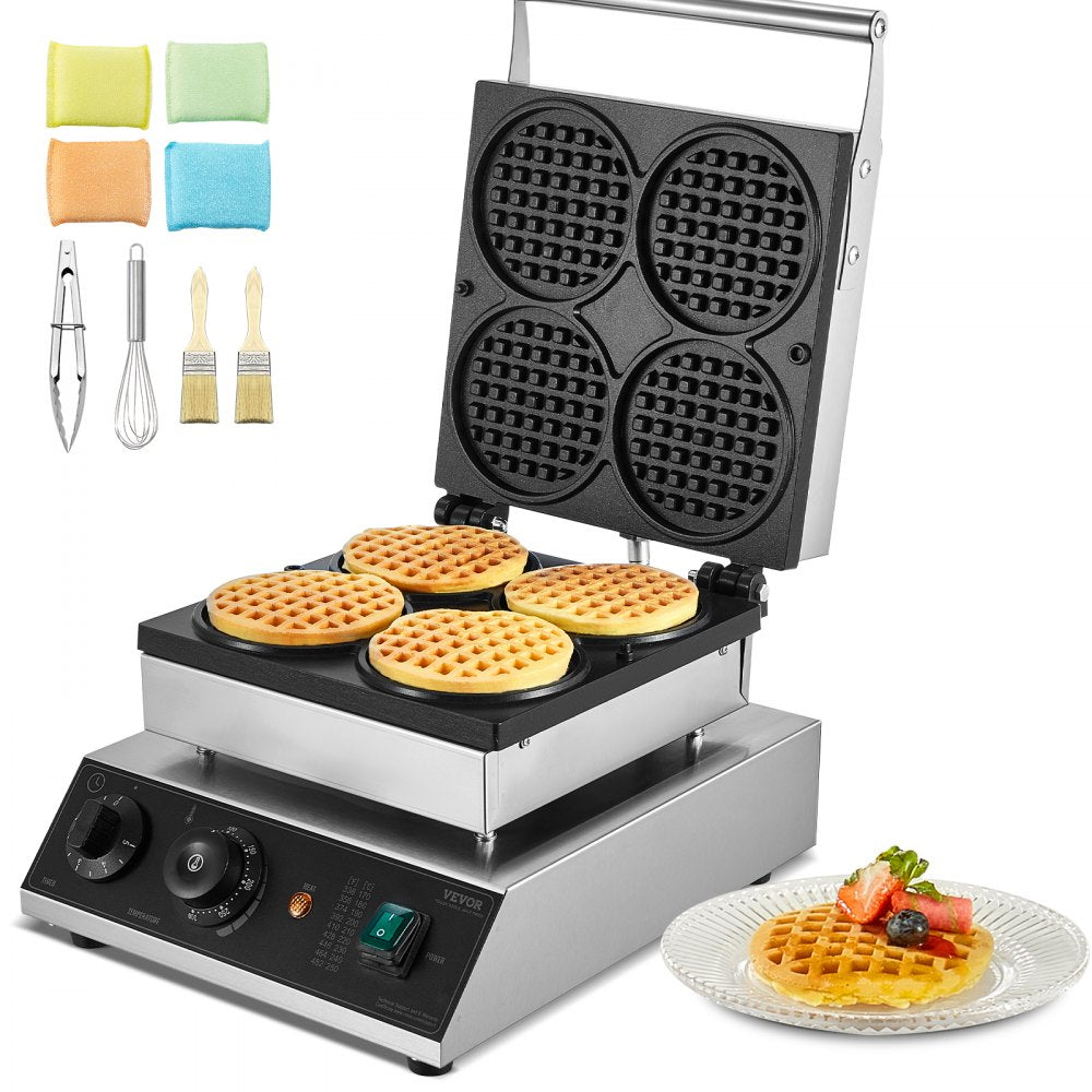 VEVOR 4PCS Commercial Waffle Maker Round Waffle Iron Machine 1750W Non-Stick 