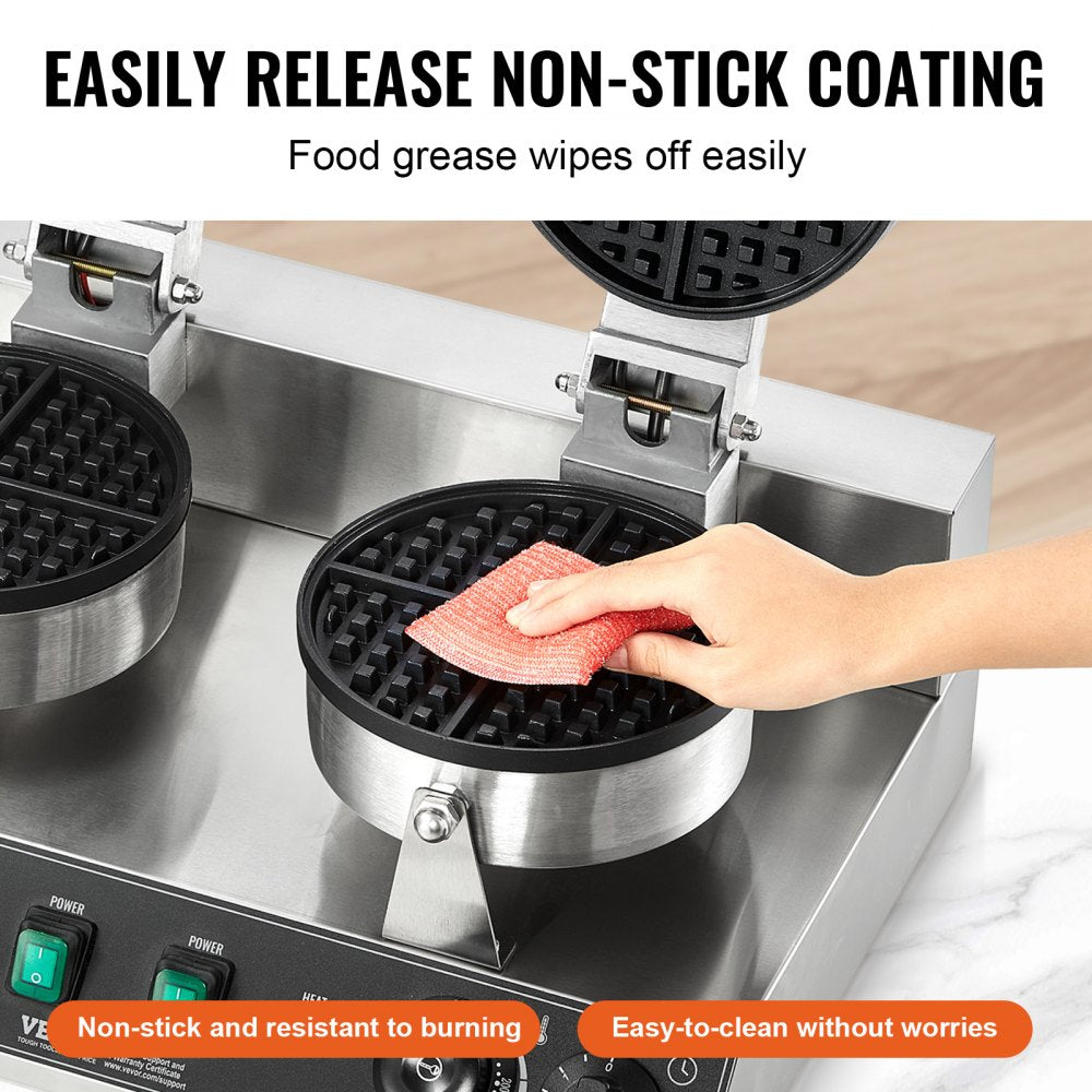 VEVOR Commercial Waffle Maker Dual-Head Round Waffle Iron 2460W Non-Stick 