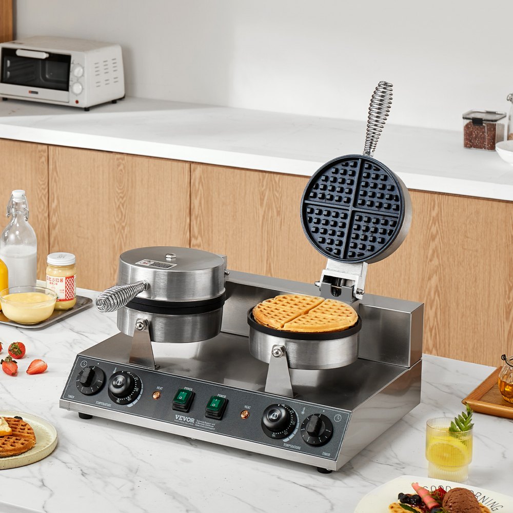 VEVOR Commercial Waffle Maker Dual-Head Round Waffle Iron 2460W Non-Stick 