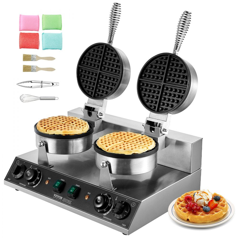 VEVOR Commercial Waffle Maker Dual-Head Round Waffle Iron 2460W Non-Stick 