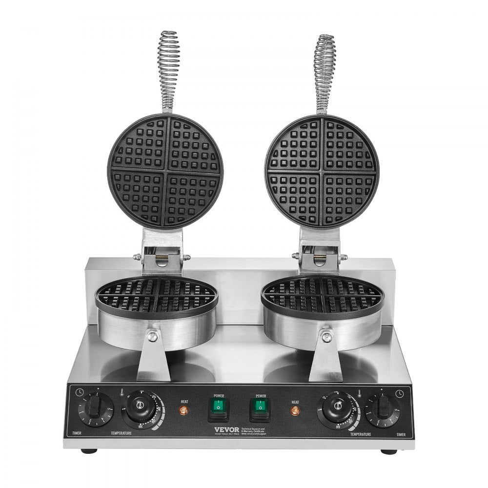 VEVOR Commercial Waffle Maker Dual-Head Round Waffle Iron 2460W Non-Stick 