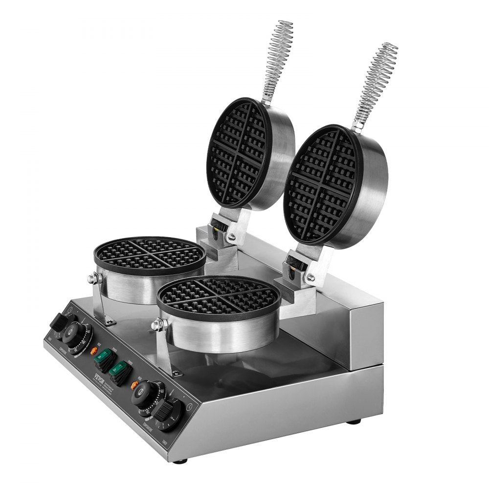 VEVOR Commercial Waffle Maker Dual-Head Round Waffle Iron 2460W Non-Stick 