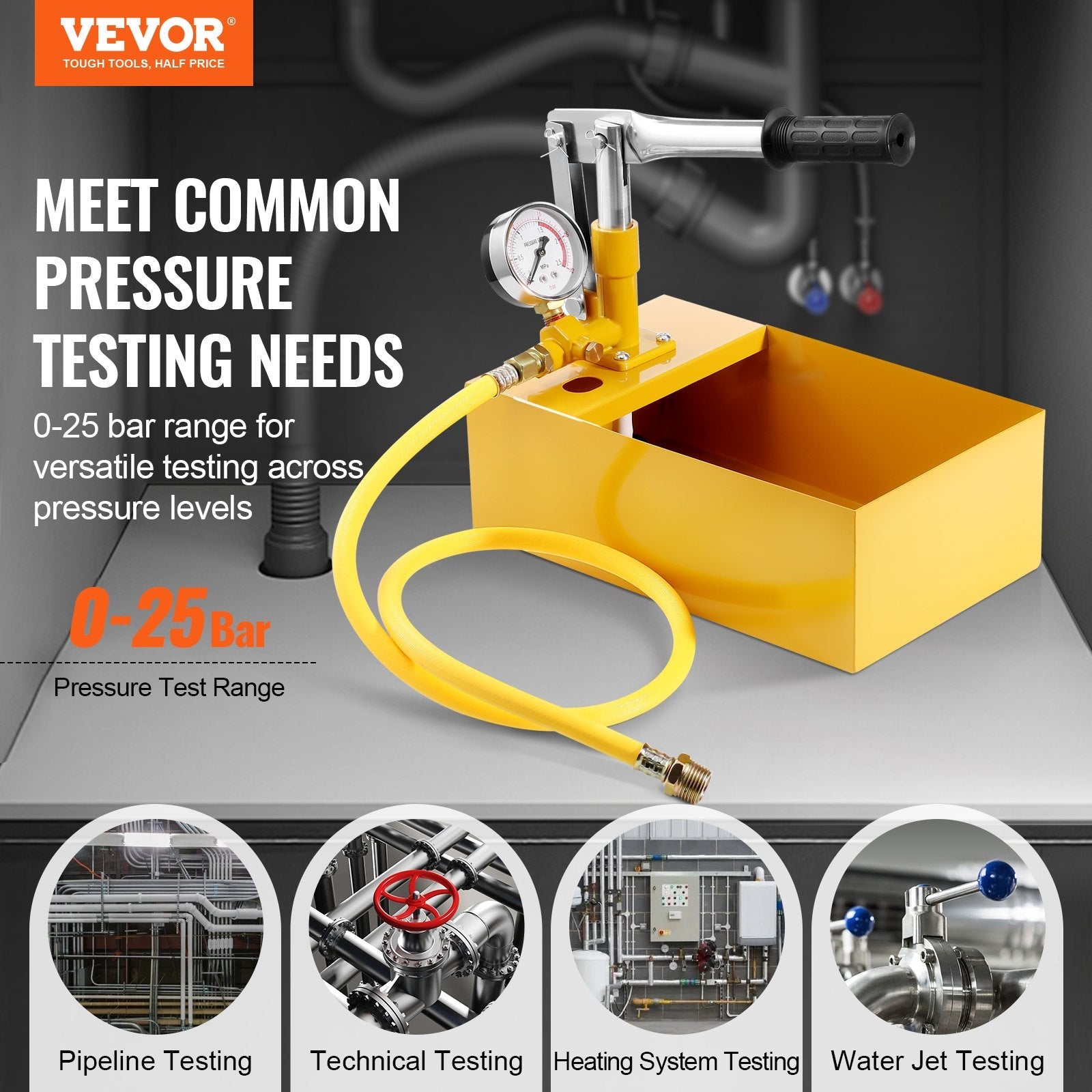 VEVOR Hydrostatic Test Pump, Max 25 bar/362 PSI, Single Valve Hydraulic Manual Water Pressure Tester Kit with Gauge 1.4 Gal Water Tank, 3 ft Hose with 1/2 inch External Thread Connector for Pipeline 