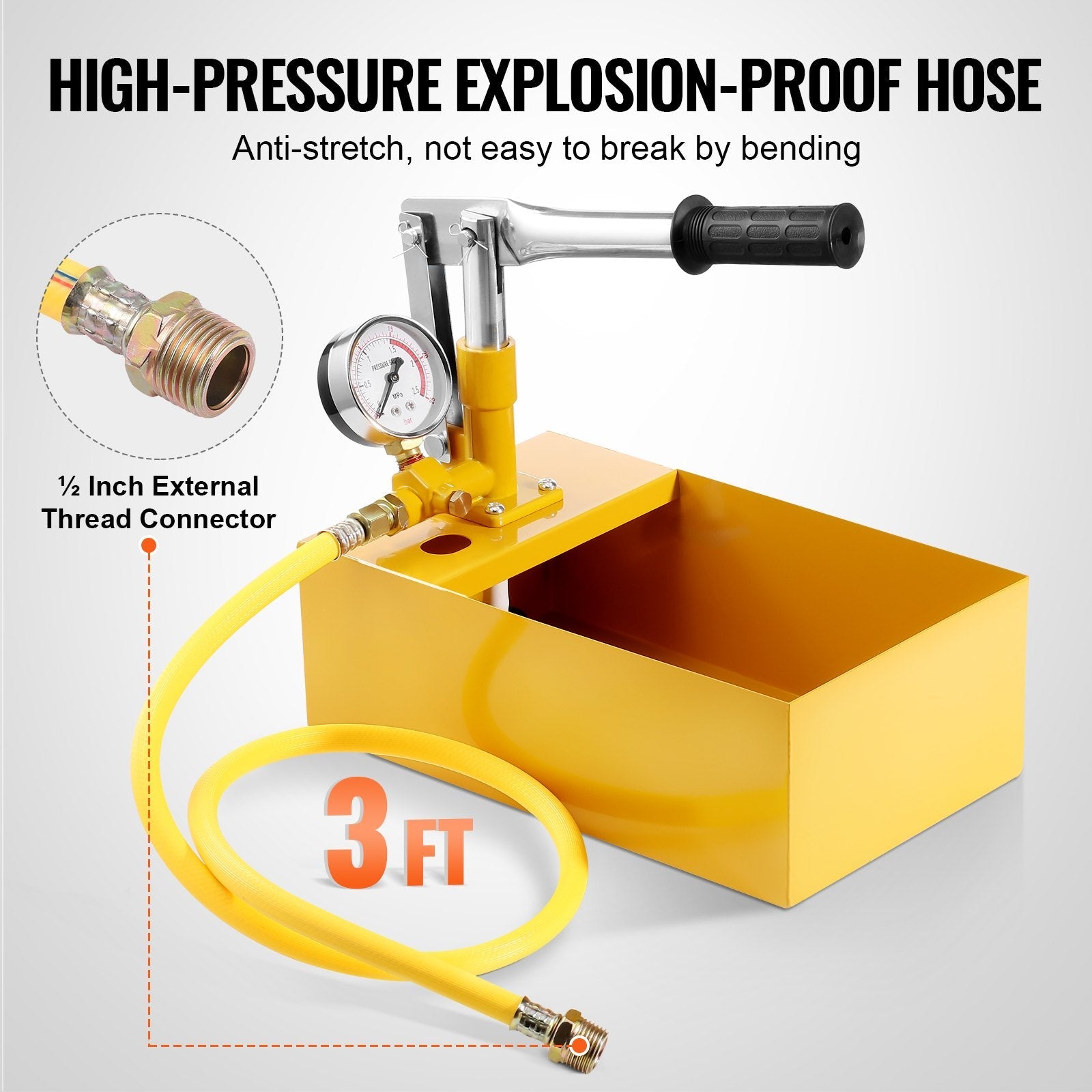VEVOR Hydrostatic Test Pump, Max 25 bar/362 PSI, Single Valve Hydraulic Manual Water Pressure Tester Kit with Gauge 1.4 Gal Water Tank, 3 ft Hose with 1/2 inch External Thread Connector for Pipeline 