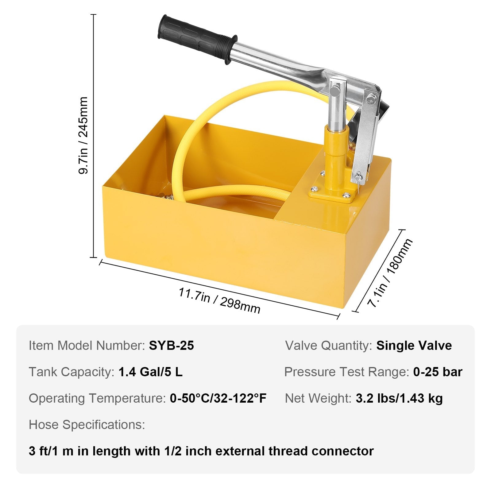 VEVOR Hydrostatic Test Pump, Max 25 bar/362 PSI, Single Valve Hydraulic Manual Water Pressure Tester Kit with Gauge 1.4 Gal Water Tank, 3 ft Hose with 1/2 inch External Thread Connector for Pipeline 