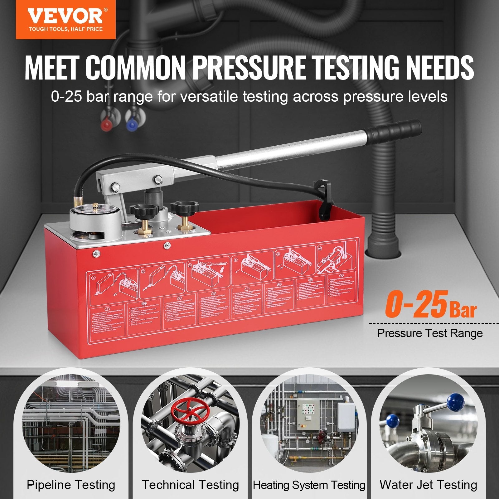 VEVOR Hydrostatic Test Pump, Max 25 bar/362 PSI, Dual Valve Hydraulic Manual Water Pressure Tester Kit with Gauge 2.8 Gal Water Tank, 4.6 ft Hose with 1/2 inch External Thread Connector for Pipeline 
