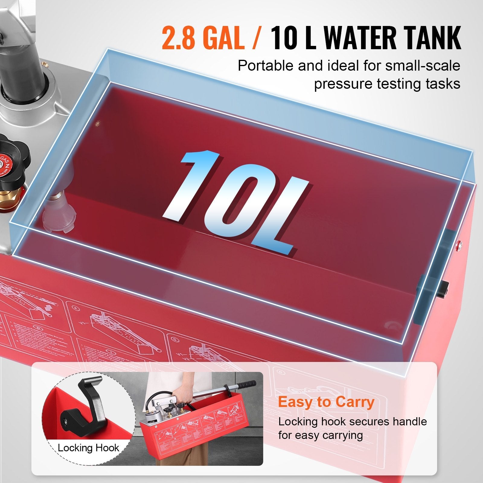 VEVOR Hydrostatic Test Pump, Max 25 bar/362 PSI, Dual Valve Hydraulic Manual Water Pressure Tester Kit with Gauge 2.8 Gal Water Tank, 4.6 ft Hose with 1/2 inch External Thread Connector for Pipeline 
