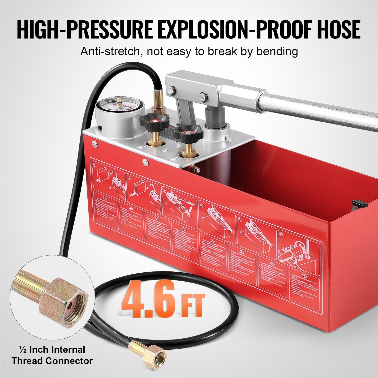 VEVOR Hydrostatic Test Pump, Max 25 bar/362 PSI, Dual Valve Hydraulic Manual Water Pressure Tester Kit with Gauge 2.8 Gal Water Tank, 4.6 ft Hose with 1/2 inch External Thread Connector for Pipeline 