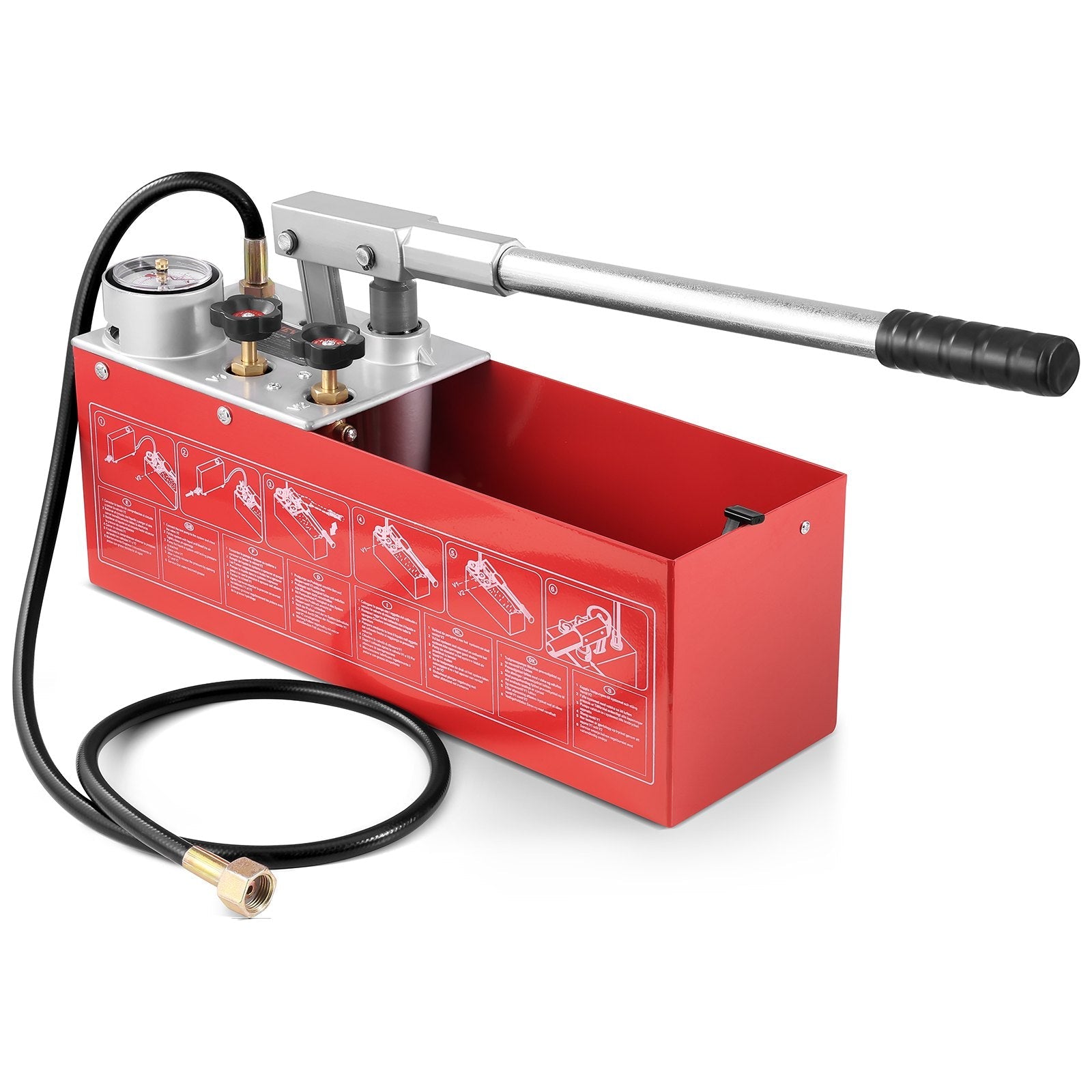 VEVOR Hydrostatic Test Pump, Max 25 bar/362 PSI, Dual Valve Hydraulic Manual Water Pressure Tester Kit with Gauge 2.8 Gal Water Tank, 4.6 ft Hose with 1/2 inch External Thread Connector for Pipeline 