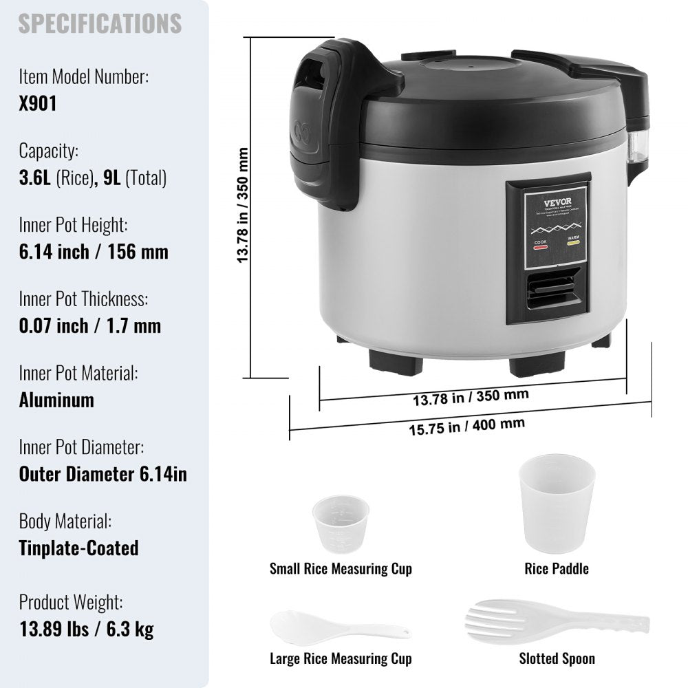VEVOR Commercial Rice Cooker 45-Cup Non-Stick Pot 9L 12H Keep Warm Restaurant 