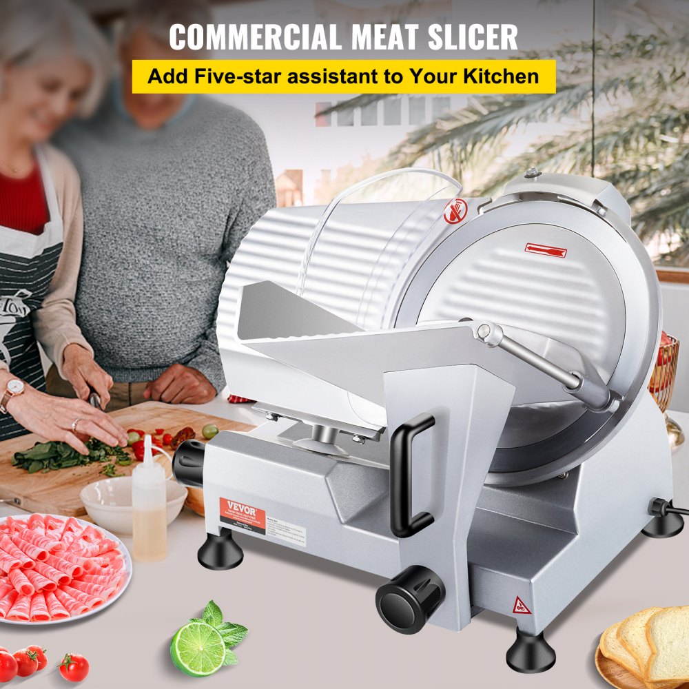 VEVOR Commercial Meat Slicer, 240W Electric Deli Food Slicer, 10 inch Carbon Steel Blade Electric Food Slicer, 350-400RPM Meat Slicer, 0 - 0.47 inch Adjustable Thickness for Commercial and Home Use 