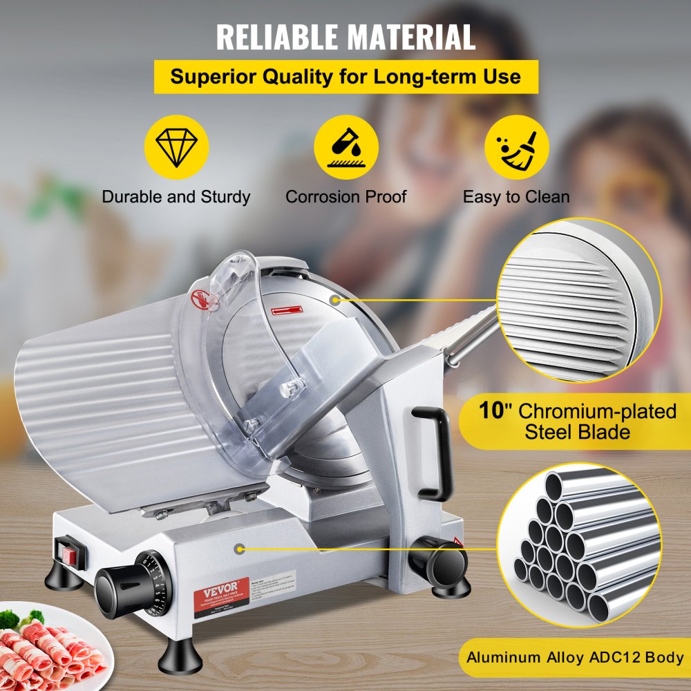 VEVOR Commercial Meat Slicer, 240W Electric Deli Food Slicer, 10 inch Carbon Steel Blade Electric Food Slicer, 350-400RPM Meat Slicer, 0 - 0.47 inch Adjustable Thickness for Commercial and Home Use 