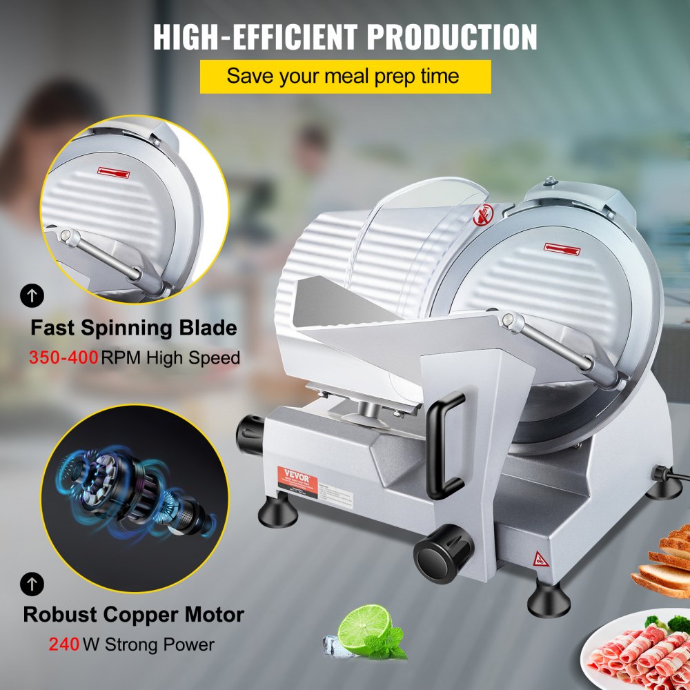 VEVOR Commercial Meat Slicer, 240W Electric Deli Food Slicer, 10 inch Carbon Steel Blade Electric Food Slicer, 350-400RPM Meat Slicer, 0 - 0.47 inch Adjustable Thickness for Commercial and Home Use 