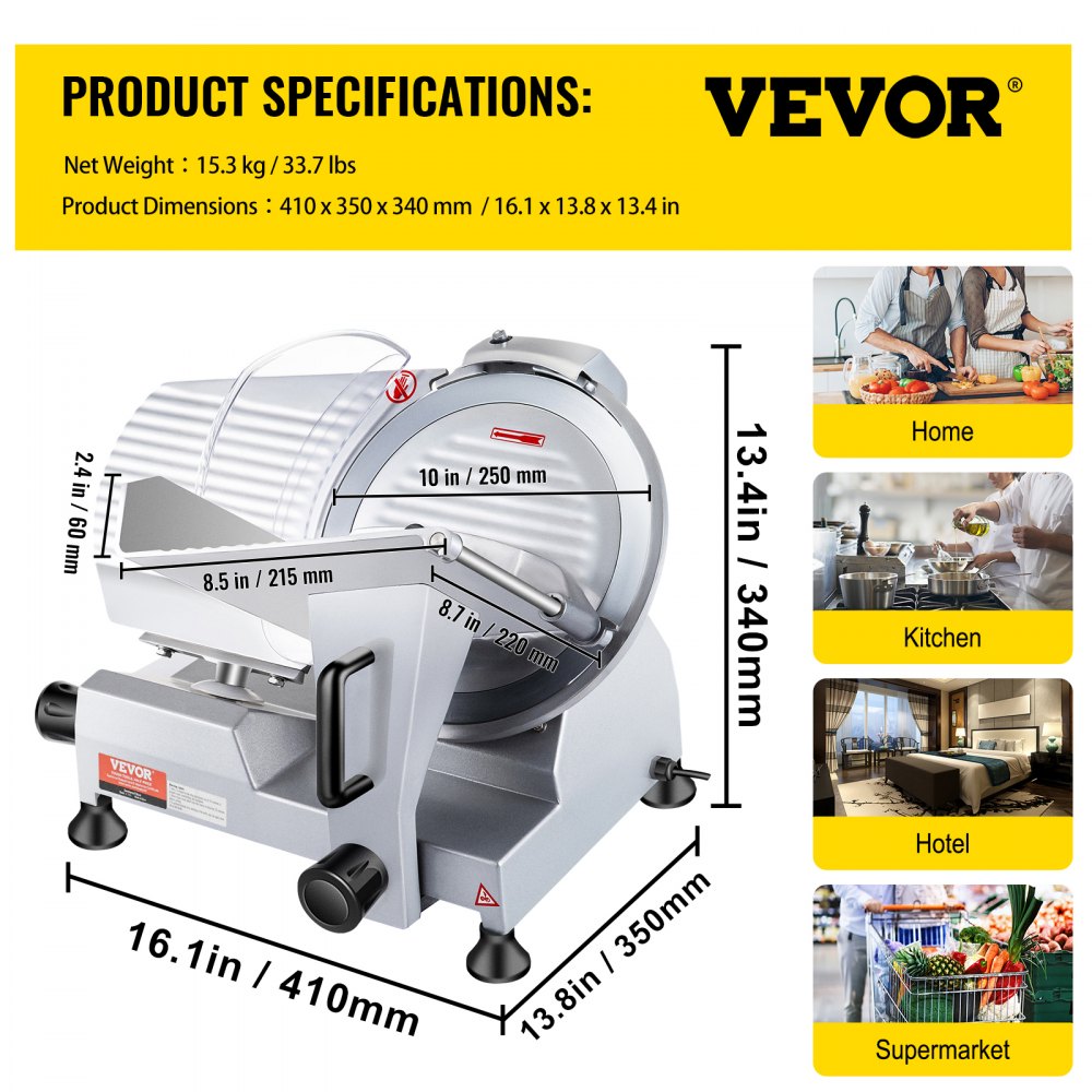 VEVOR Commercial Meat Slicer, 240W Electric Deli Food Slicer, 10 inch Carbon Steel Blade Electric Food Slicer, 350-400RPM Meat Slicer, 0 - 0.47 inch Adjustable Thickness for Commercial and Home Use 