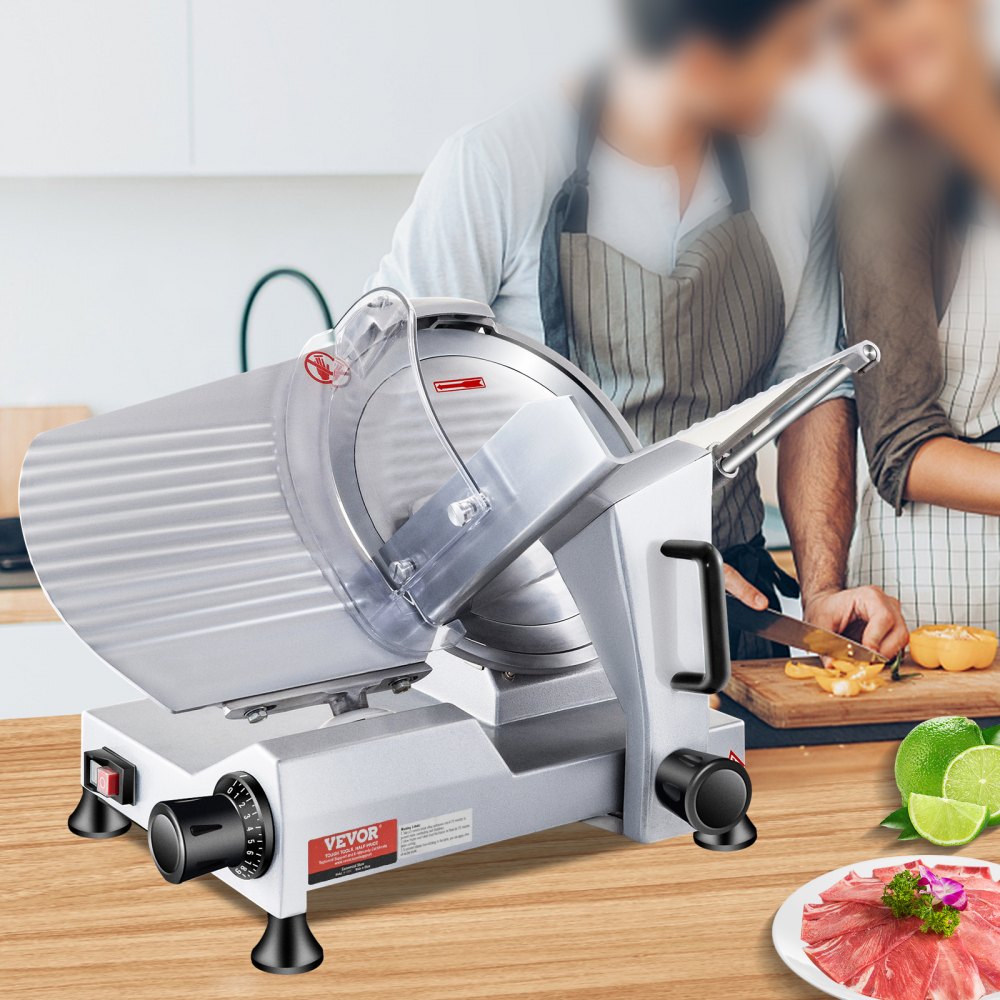 VEVOR Commercial Meat Slicer, 240W Electric Deli Food Slicer, 10 inch Carbon Steel Blade Electric Food Slicer, 350-400RPM Meat Slicer, 0 - 0.47 inch Adjustable Thickness for Commercial and Home Use 