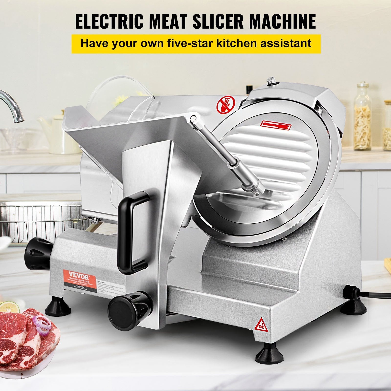 VEVOR Commercial Meat Slicer, 200W Electric Deli Food Slicer, 350-400RPM Meat Slicer with 8" Carbon Steel Blade, 0 - 0.47 inch Adjustable Thickness Electric Meat Slicer for Home and Commercial Use 