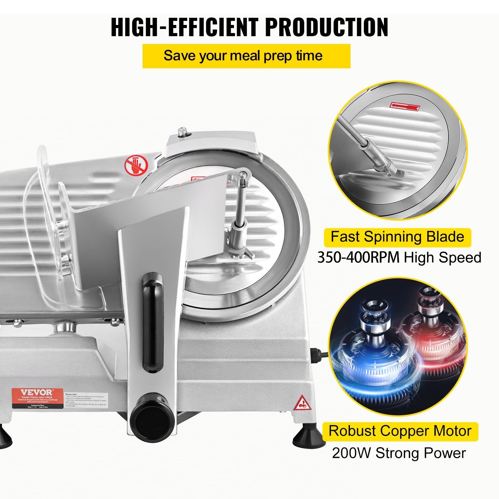 VEVOR Commercial Meat Slicer, 200W Electric Deli Food Slicer, 350-400RPM Meat Slicer with 8" Carbon Steel Blade, 0 - 0.47 inch Adjustable Thickness Electric Meat Slicer for Home and Commercial Use 