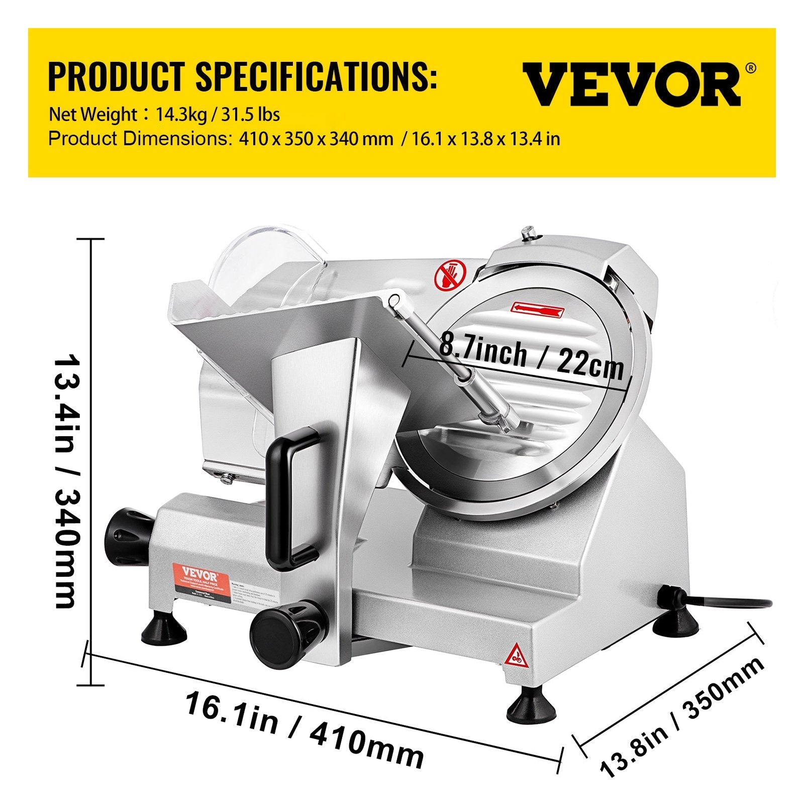 VEVOR Commercial Meat Slicer, 200W Electric Deli Food Slicer, 350-400RPM Meat Slicer with 8" Carbon Steel Blade, 0 - 0.47 inch Adjustable Thickness Electric Meat Slicer for Home and Commercial Use 