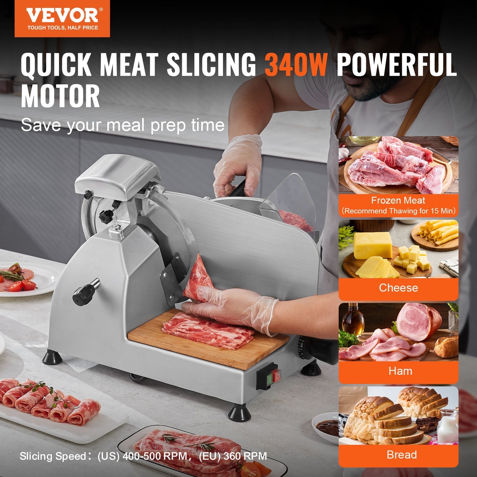 VEVOR Meat Slicer, 340W Electric Deli Food Slicer with 10" SUS420 Stainless Steel Blade and Built-in Sharpening Stone, 0-0.6 inch Adjustable Thickness for Commercial and Home Use, Cut Meat and Cheese 