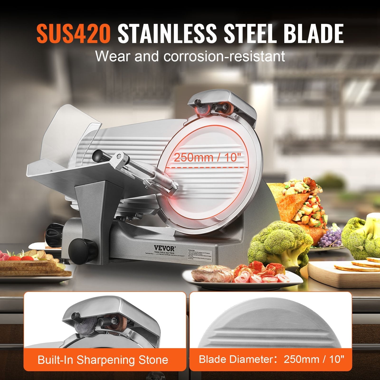 VEVOR Meat Slicer, 340W Electric Deli Food Slicer with 10" SUS420 Stainless Steel Blade and Built-in Sharpening Stone, 0-0.6 inch Adjustable Thickness for Commercial and Home Use, Cut Meat and Cheese 