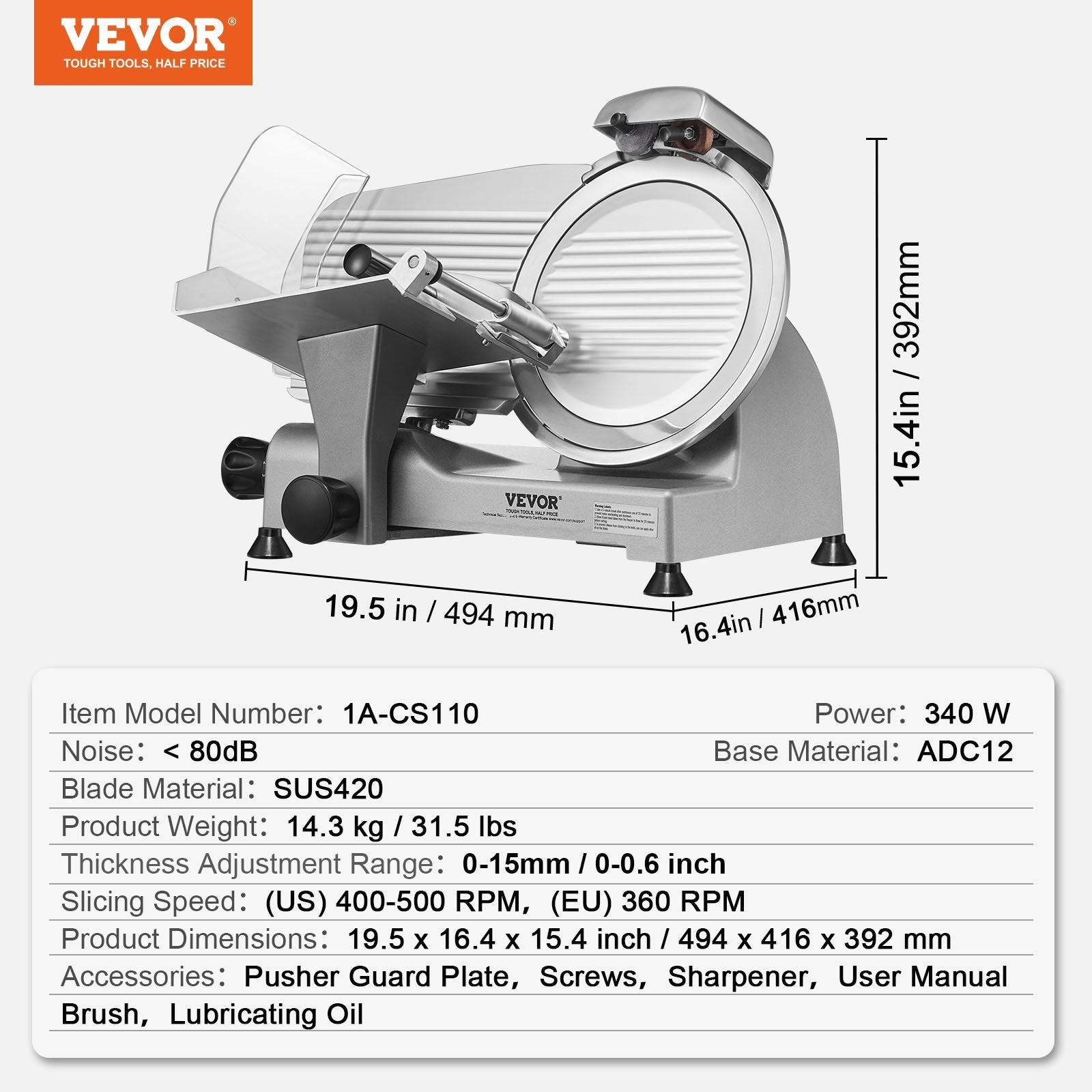 VEVOR Meat Slicer, 340W Electric Deli Food Slicer with 10" SUS420 Stainless Steel Blade and Built-in Sharpening Stone, 0-0.6 inch Adjustable Thickness for Commercial and Home Use, Cut Meat and Cheese 