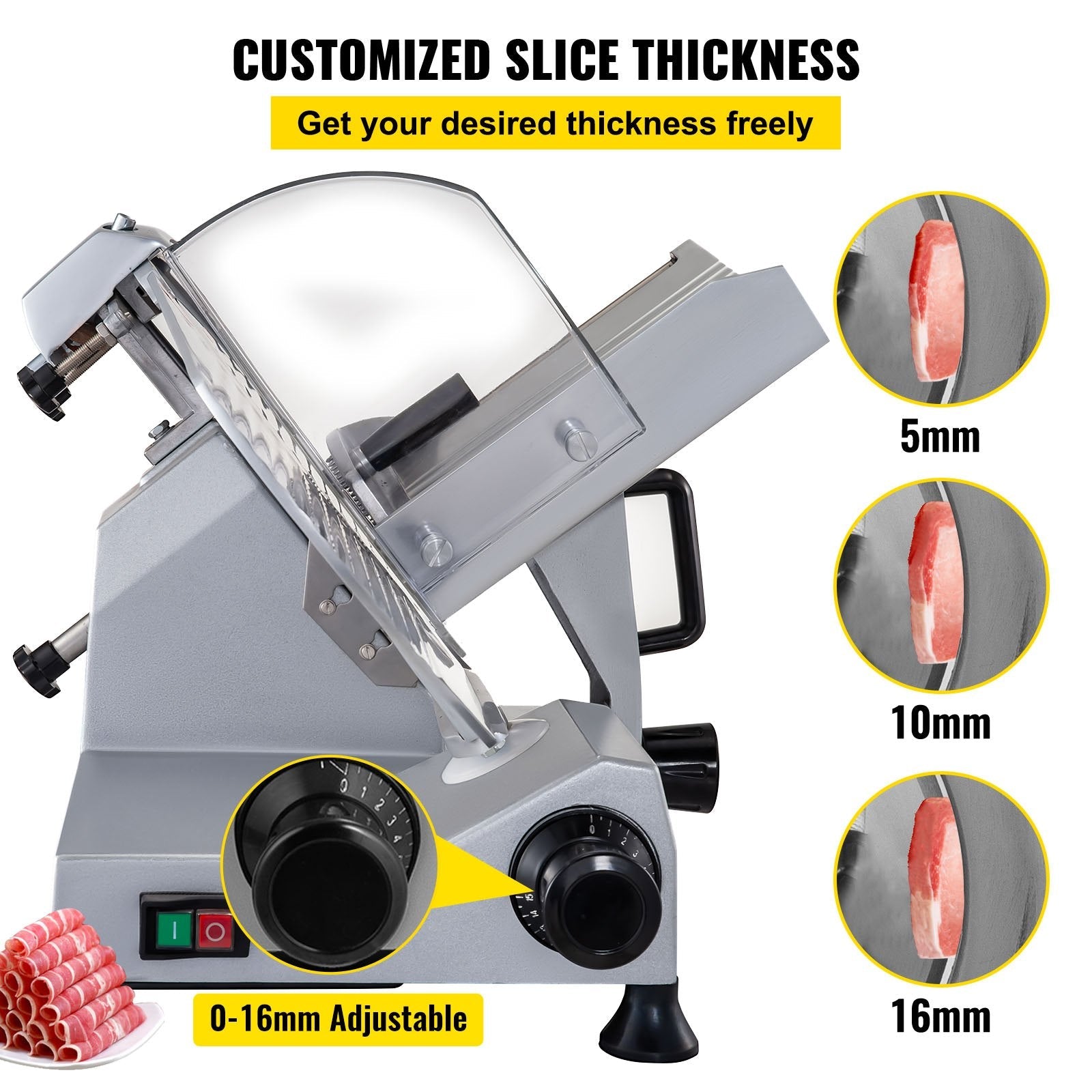 VEVOR Commercial Meat Slicer, 320W Electric Deli Food Slicer, 12 inch Carbon Steel Blade Electric Food Slicer, 350-400RPM Meat Slicer, 0-0.6 inch Adjustable Thickness for Meat, Cheese, Veggies, Ham 