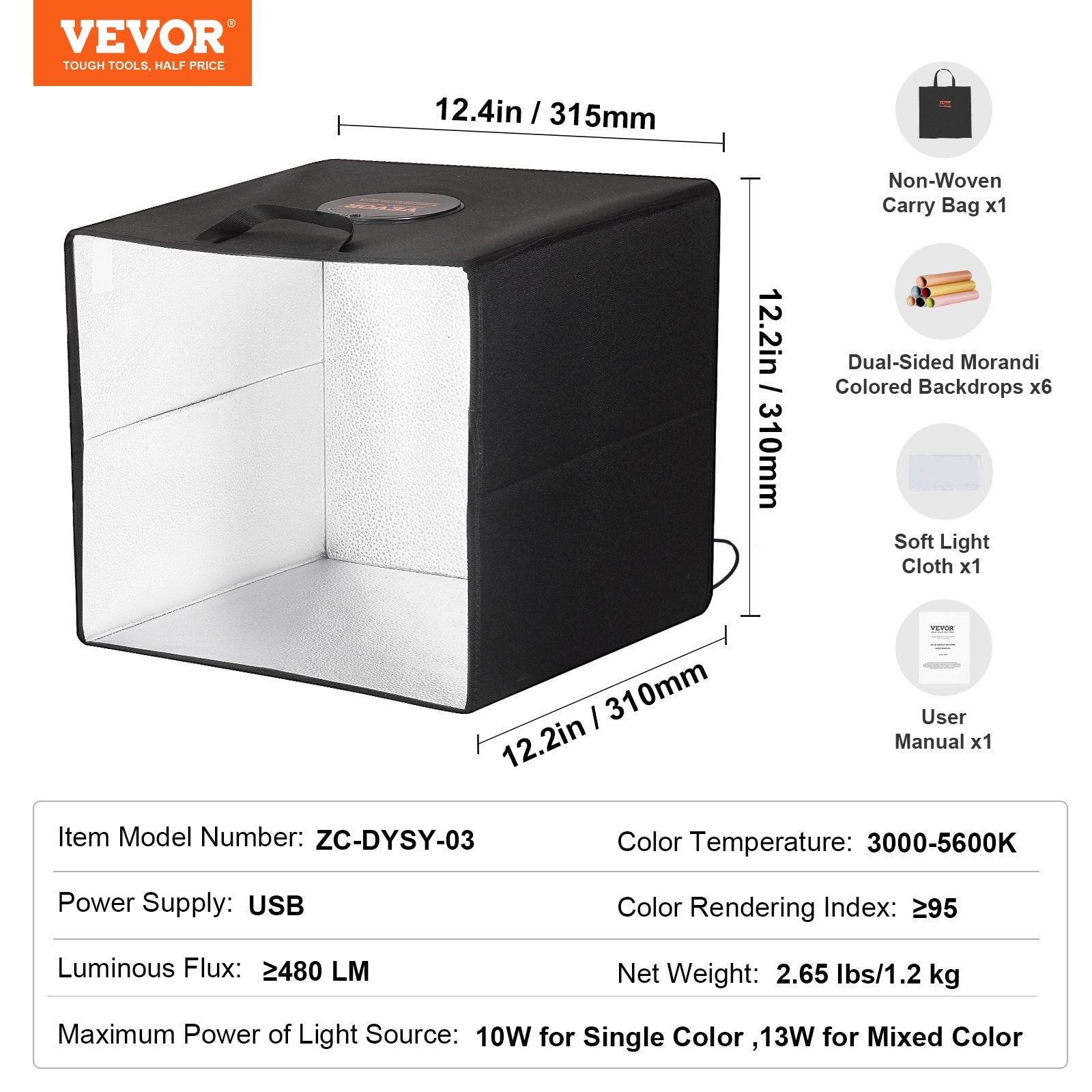 VEVOR 12" x 12" Photo Studio Light Box 3000-5600K 6 Double-Sided Color Backdrops 