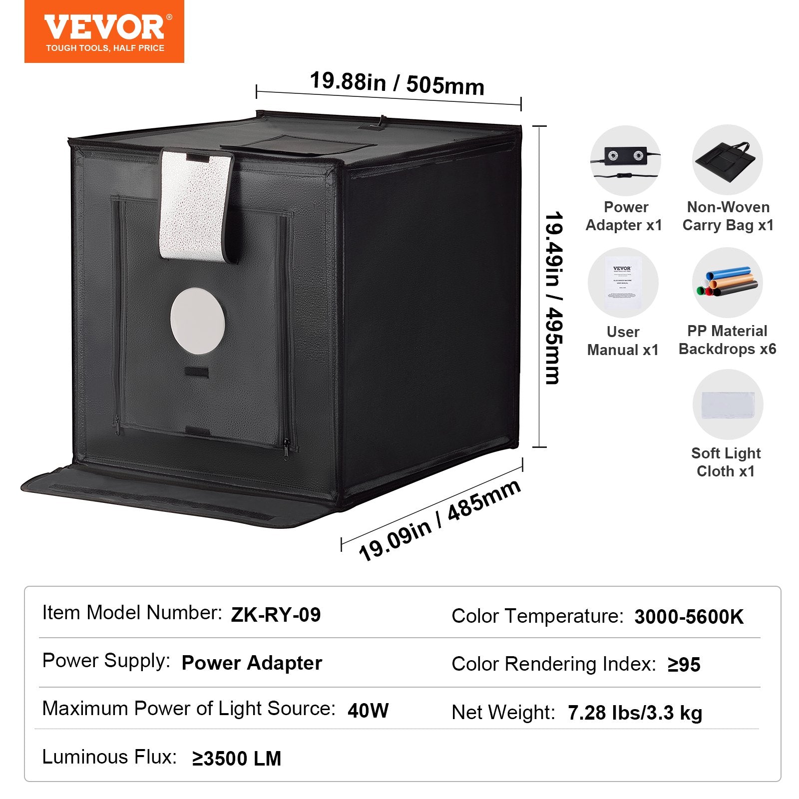 VEVOR Photo Studio Light Box 20"x20" 3000-5600K Adjustable 3 Color Temperatures 