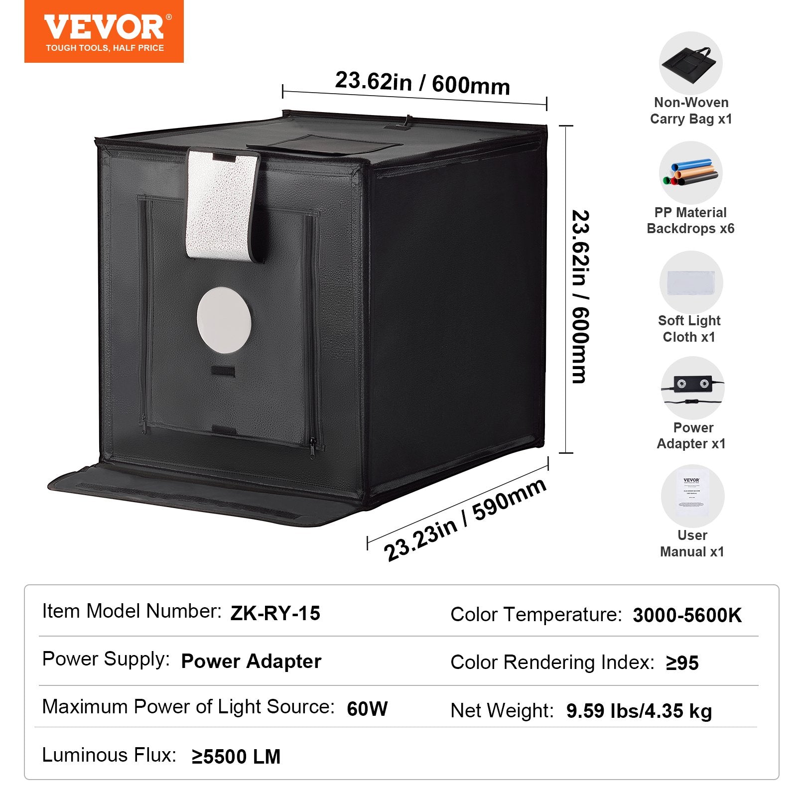 VEVOR Photo Studio Light Box 24"x24" 3000-5600K Adjustable 3 Color Temperatures 