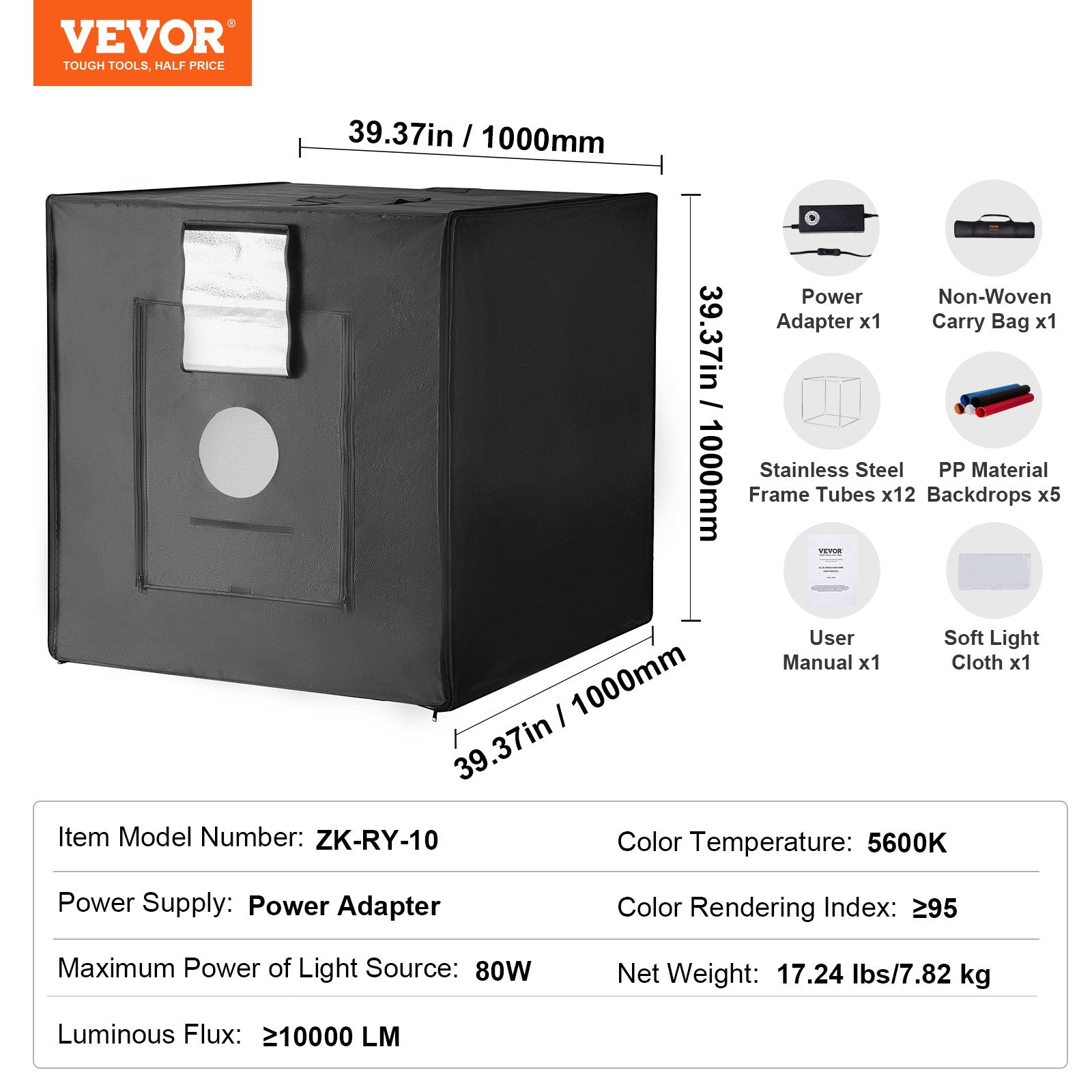 VEVOR Photo Studio Light Box 39" x 39" 5600K with 210 LED Lights Power Adapter 