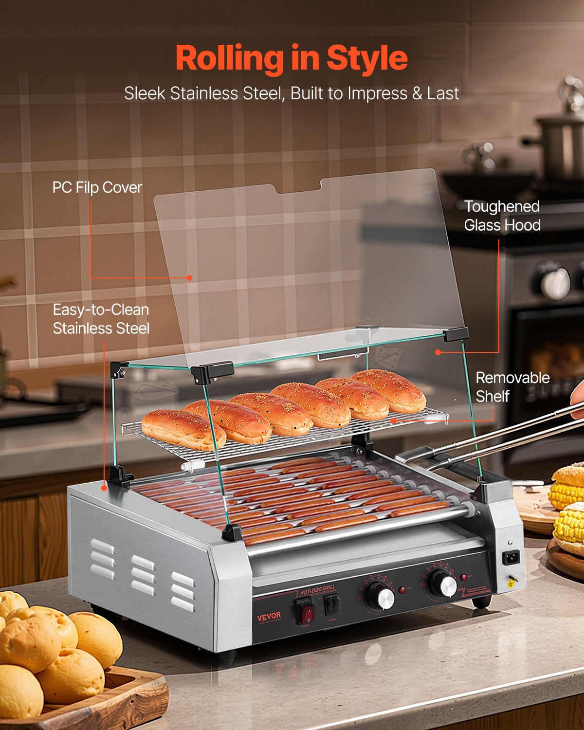 VEVOR Electric 30 Hot Dog 11 Roller Commercial Grill Cooker Machine Cover 1600W 