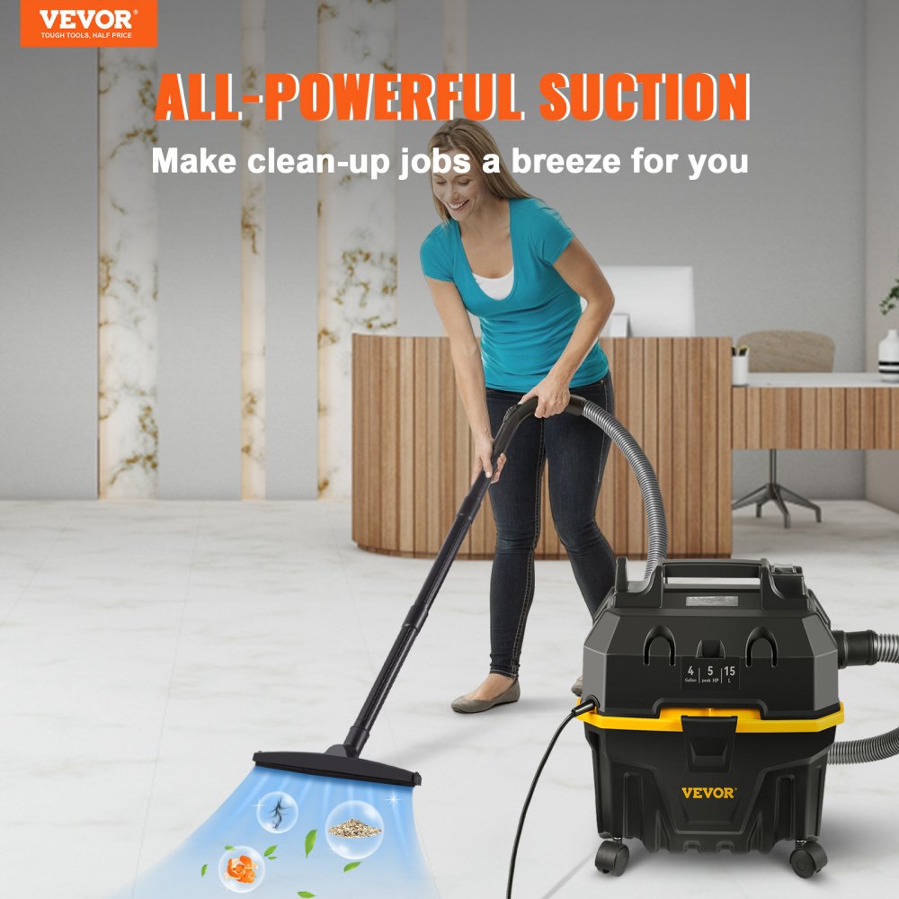 VEVOR Wet Dry Vac, 4 Gallon, 5 Peak HP, 3 in 1 Shop Vacuum with Blowing Function Portable Attachments to Clean Floor, Upholstery, Gap, Car, ETL Listed, Black/Yellow 