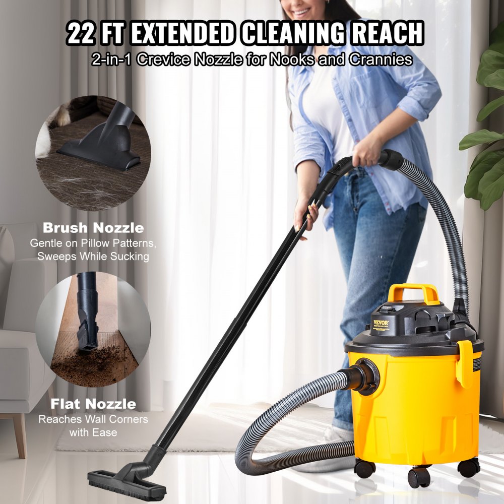 VEVOR Shop Vacuum Wet And Dry, 5 Gallon 6 Peak HP Wet/Dry Vac, Powerful Suction with Blower Function with Attachments 2-in-1 Crevice Nozzle, Small Shop Vac Perfect for Carpet Debris, Pet Hair, Car 