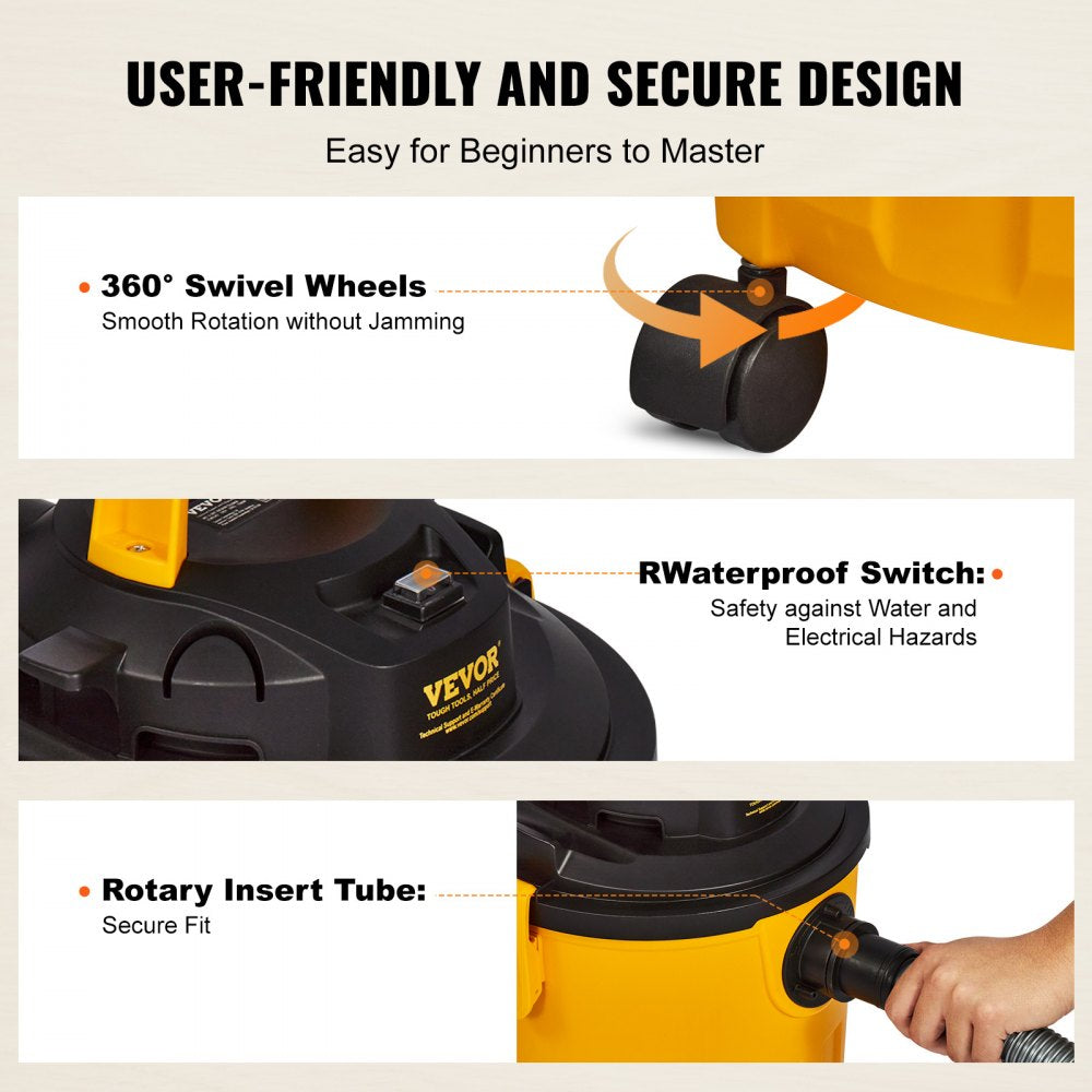 VEVOR Shop Vacuum Wet And Dry, 5 Gallon 6 Peak HP Wet/Dry Vac, Powerful Suction with Blower Function with Attachments 2-in-1 Crevice Nozzle, Small Shop Vac Perfect for Carpet Debris, Pet Hair, Car 