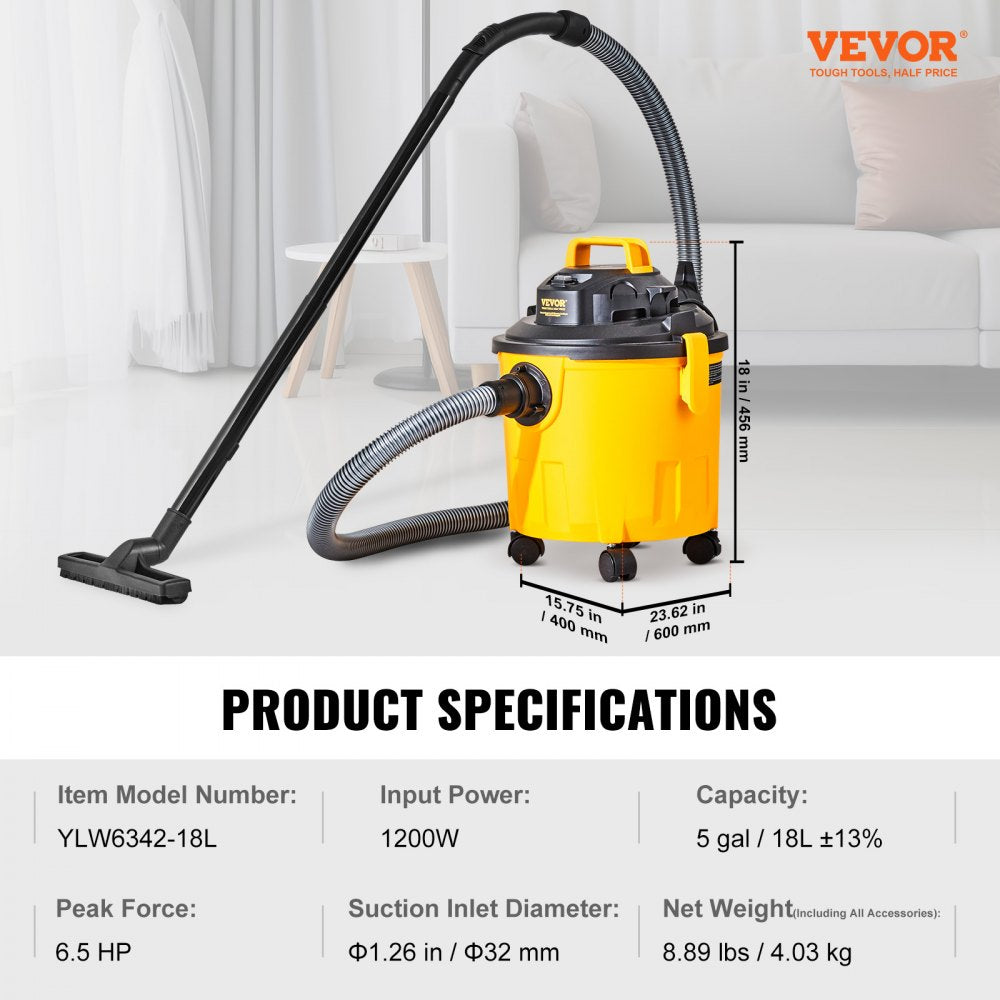 VEVOR Shop Vacuum Wet And Dry, 5 Gallon 6 Peak HP Wet/Dry Vac, Powerful Suction with Blower Function with Attachments 2-in-1 Crevice Nozzle, Small Shop Vac Perfect for Carpet Debris, Pet Hair, Car 