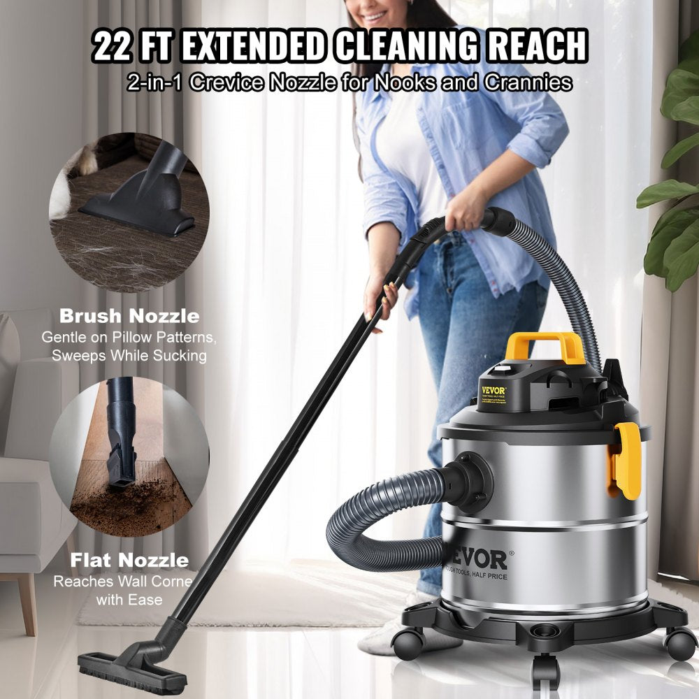 VEVOR Stainless Steel Wet Dry Shop Vacuum, 5.5 Gallon 6 Peak HP Wet/Dry Vac, Powerful Suction with Blower Function with Attachments 2-in-1 Crevice Nozzle, Small Shop Vac Perfect for Carpet Debris, Pet 
