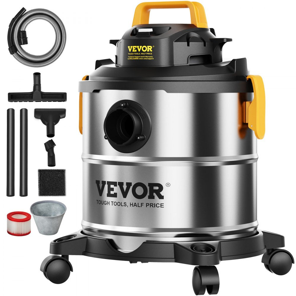 VEVOR Stainless Steel Wet Dry Shop Vacuum, 5.5 Gallon 6 Peak HP Wet/Dry Vac, Powerful Suction with Blower Function with Attachments 2-in-1 Crevice Nozzle, Small Shop Vac Perfect for Carpet Debris, Pet 